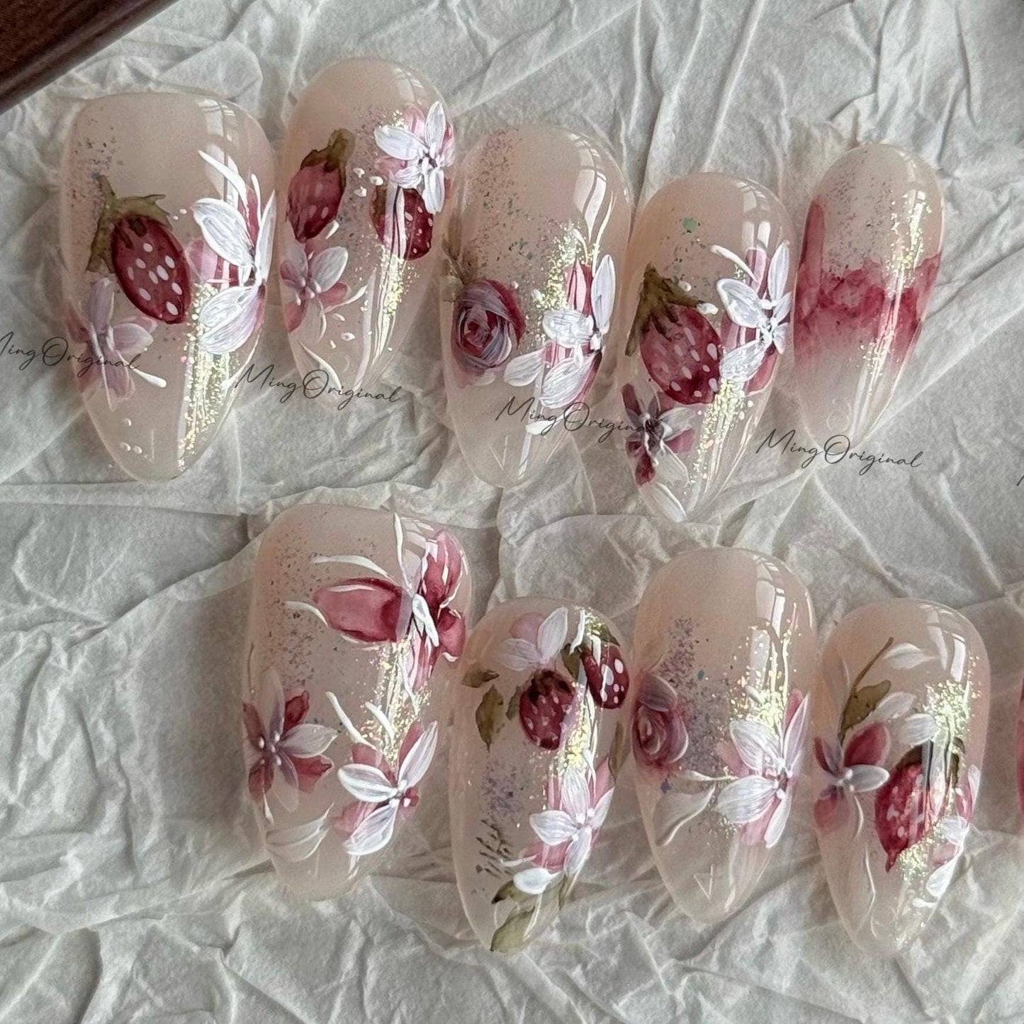 Handmade Strawberry bloom Water color art nail, layered flower and butterfly Press on Nail, hand painted glittery nail, gift for her, MO619