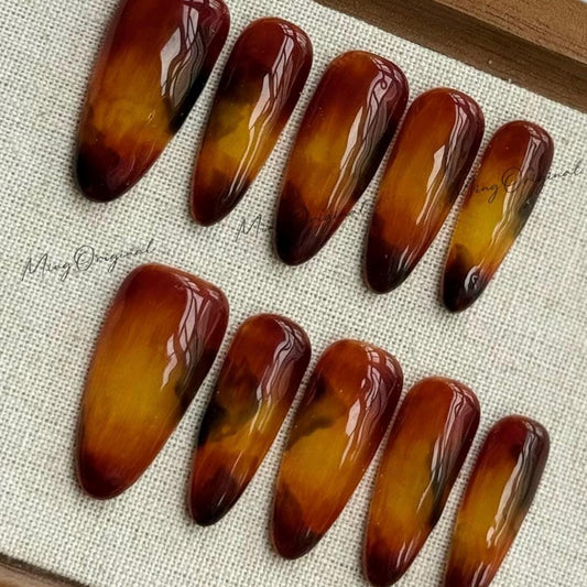 Classic Tortoise Shell Glassy Amber Brown Water Blooming Press on Nails, Jelly hand painted nail, fall winter nail, gift for her, MO608