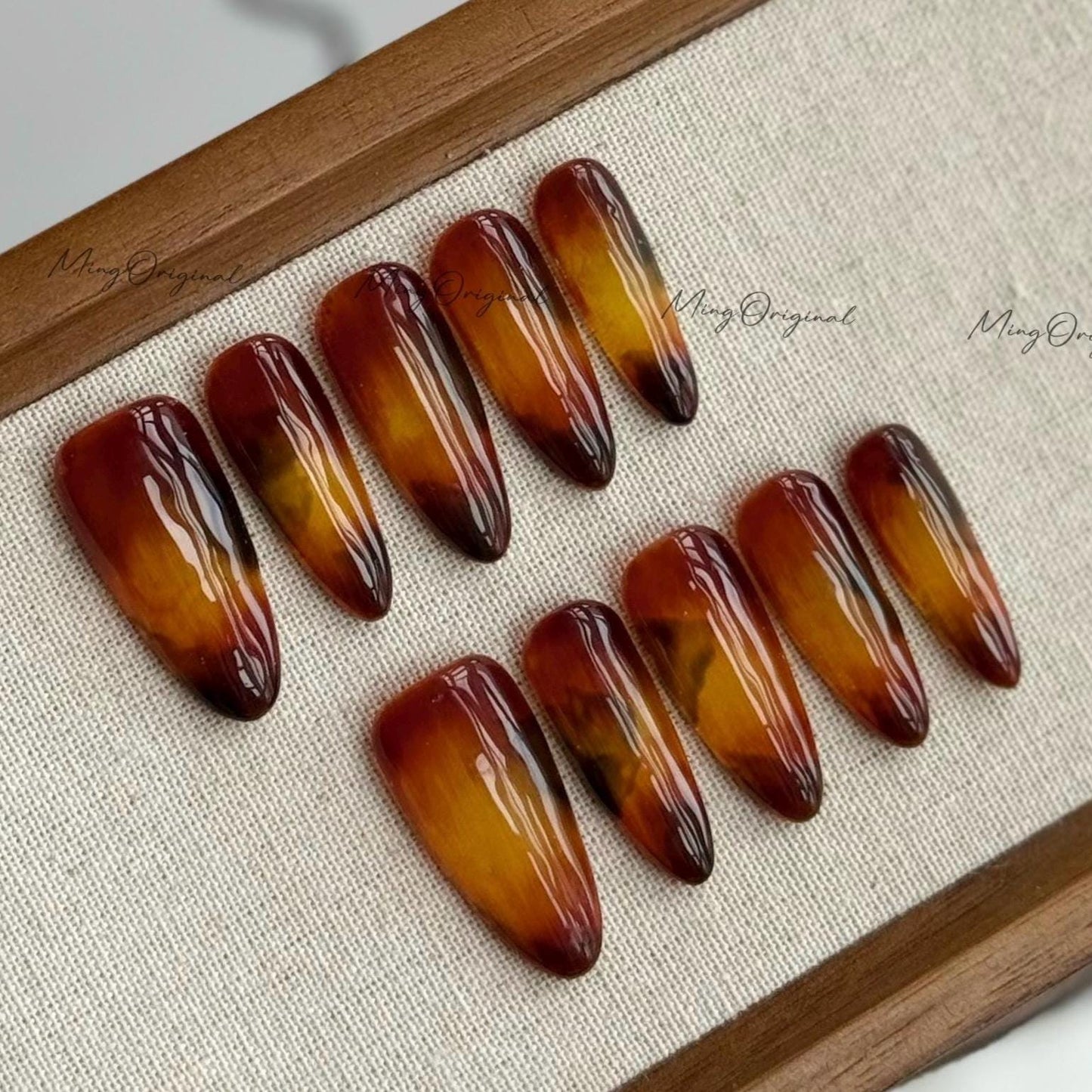 Classic Tortoise Shell Glassy Amber Brown Water Blooming Press on Nails, Jelly hand painted nail, fall winter nail, gift for her, MO608