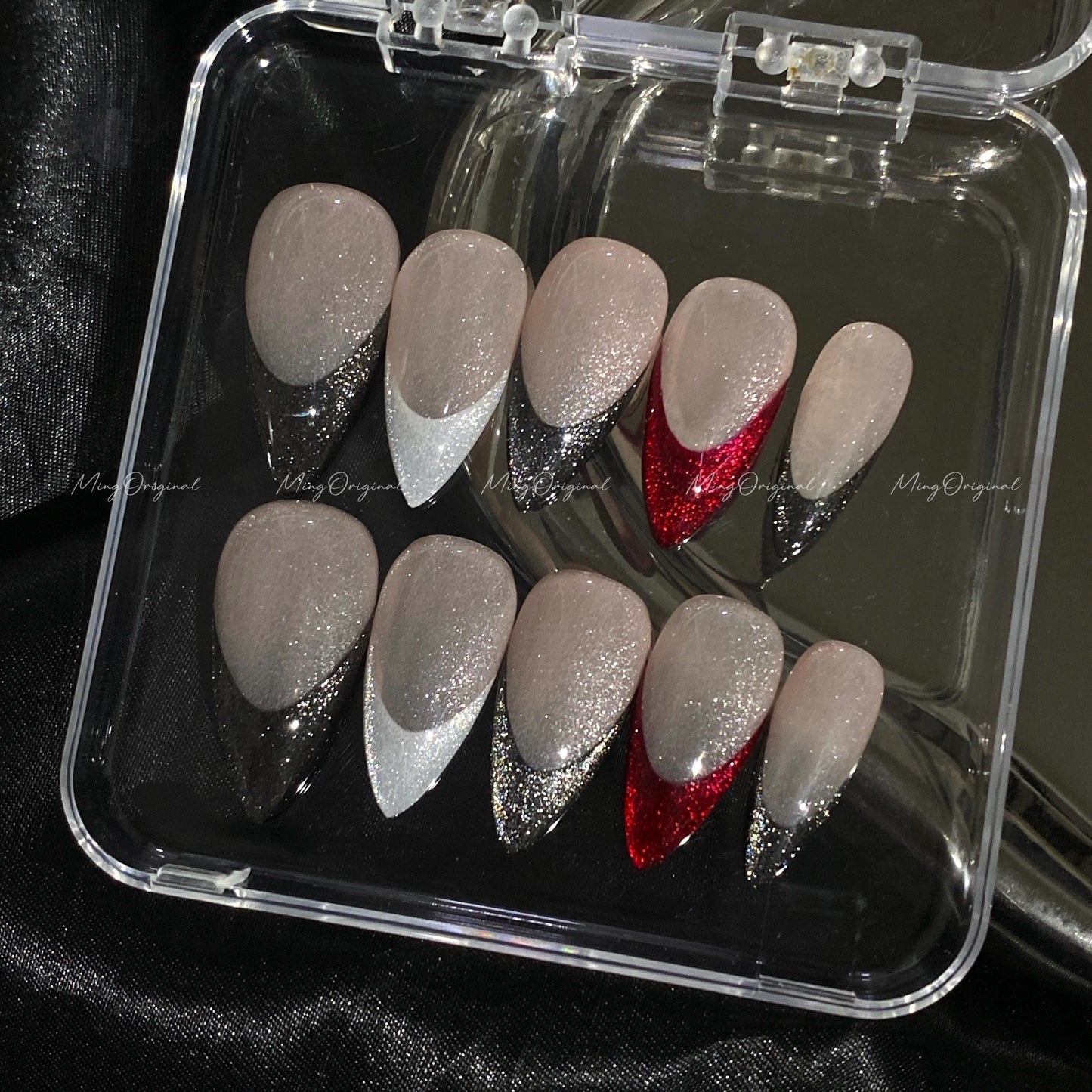 Midnight Deep black and silver cateye glitter French tips with bold red flame accent, nude cat eye base, glue on nail, gift for her,MO609