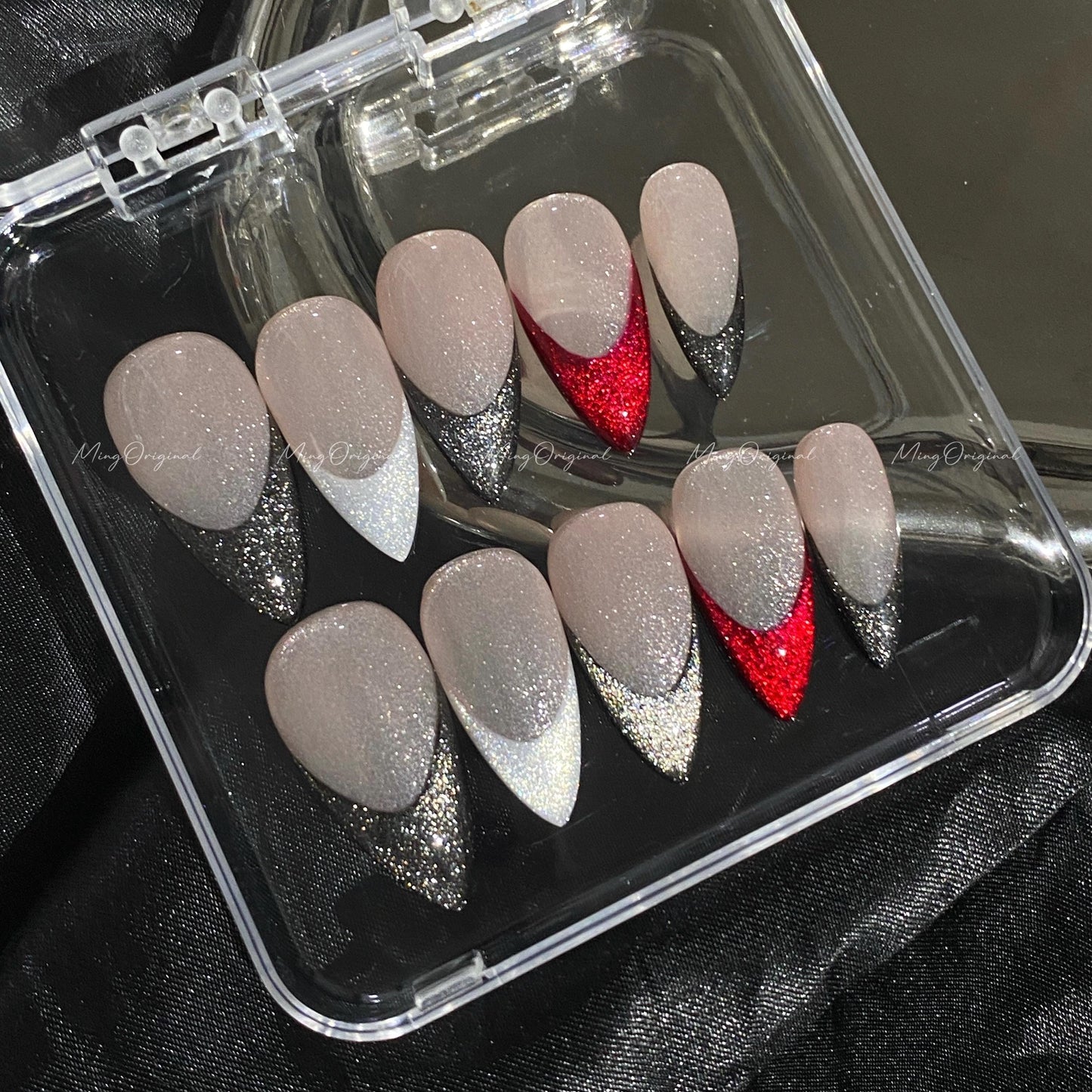 Midnight Deep black and silver cateye glitter French tips with bold red flame accent, nude cat eye base, glue on nail, gift for her,MO609