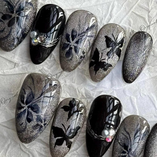 Elegance black watercolor floral butterfly press on nails, black cat eye nails, elegant art nail, floral design, gift for mother, MO620