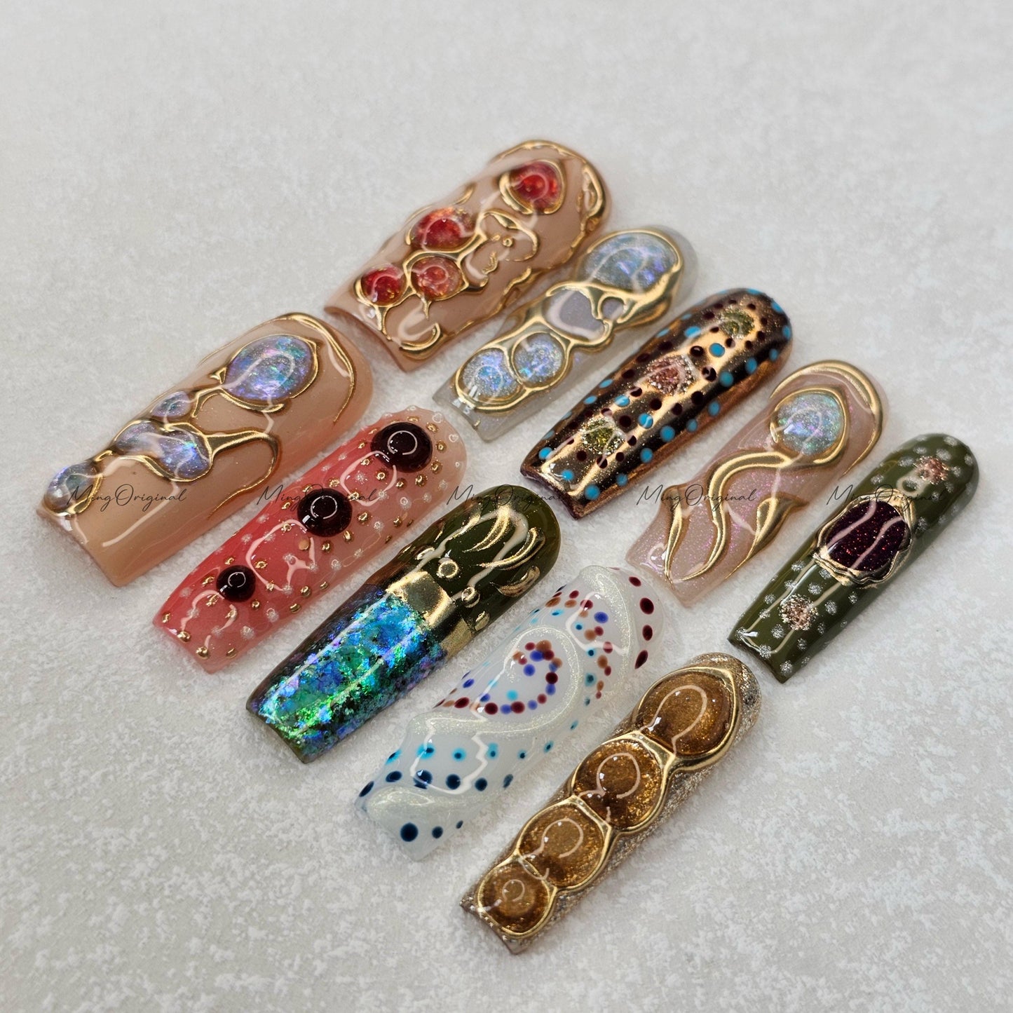 3D Gemstone Press-On Nails, Gold Swirls, Encapsulated Glittery, Bold Handmade Luxury Style, gift for her, MO584