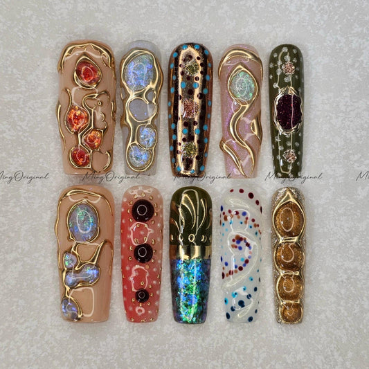 3D Gemstone Press-On Nails, Gold Swirls, Encapsulated Glittery, Bold Handmade Luxury Style, gift for her, MO584