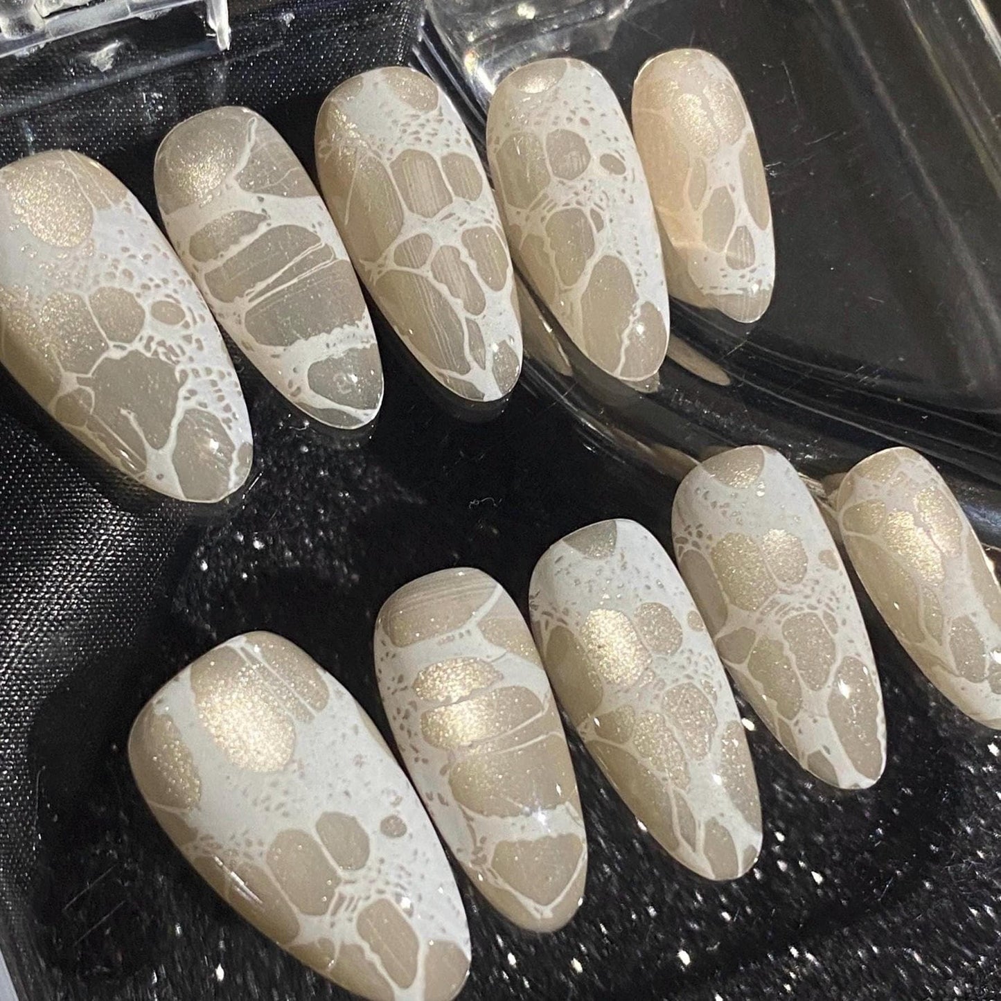 Soft nude cat eye press on nails, white cracked design, nude sparkling cat eye nail, white abstract  nail, MO621