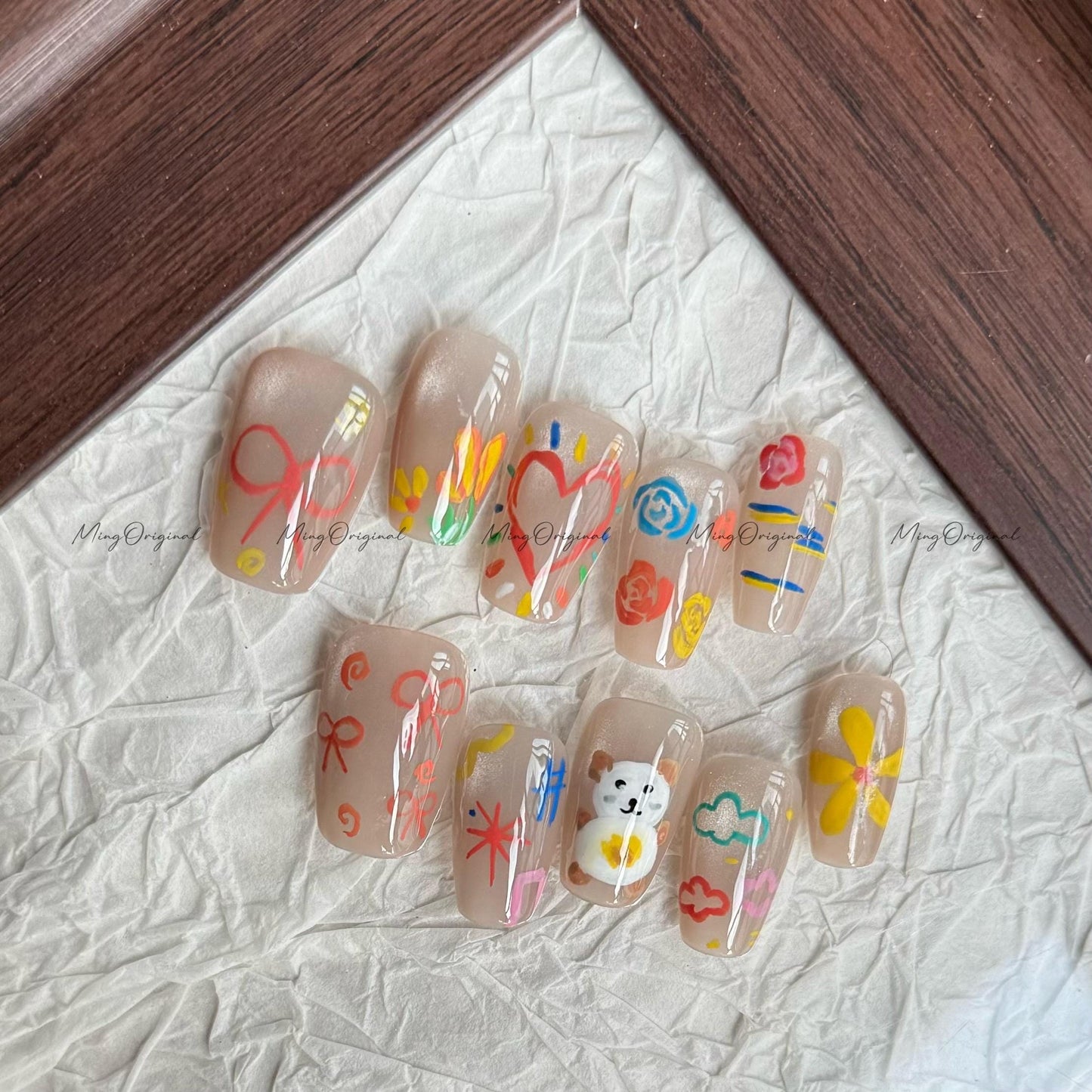 Crayon Whimsy Cute Bear Press on Nail,Heart, Bow, Scribble Art, Hand-drawn Nails, Colorful Doodle, Fun Playful Press Ons, gift for her,MO622
