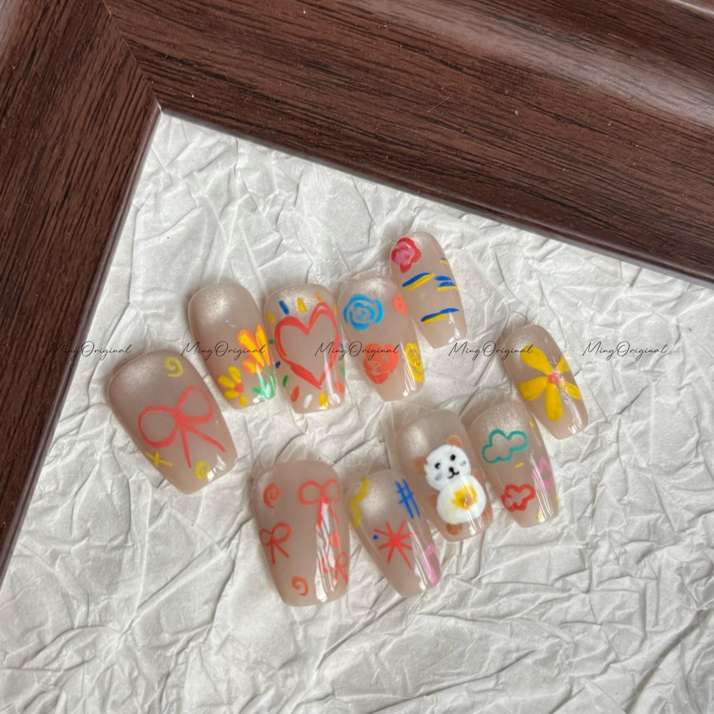 Crayon Whimsy Cute Bear Press on Nail,Heart, Bow, Scribble Art, Hand-drawn Nails, Colorful Doodle, Fun Playful Press Ons, gift for her,MO622