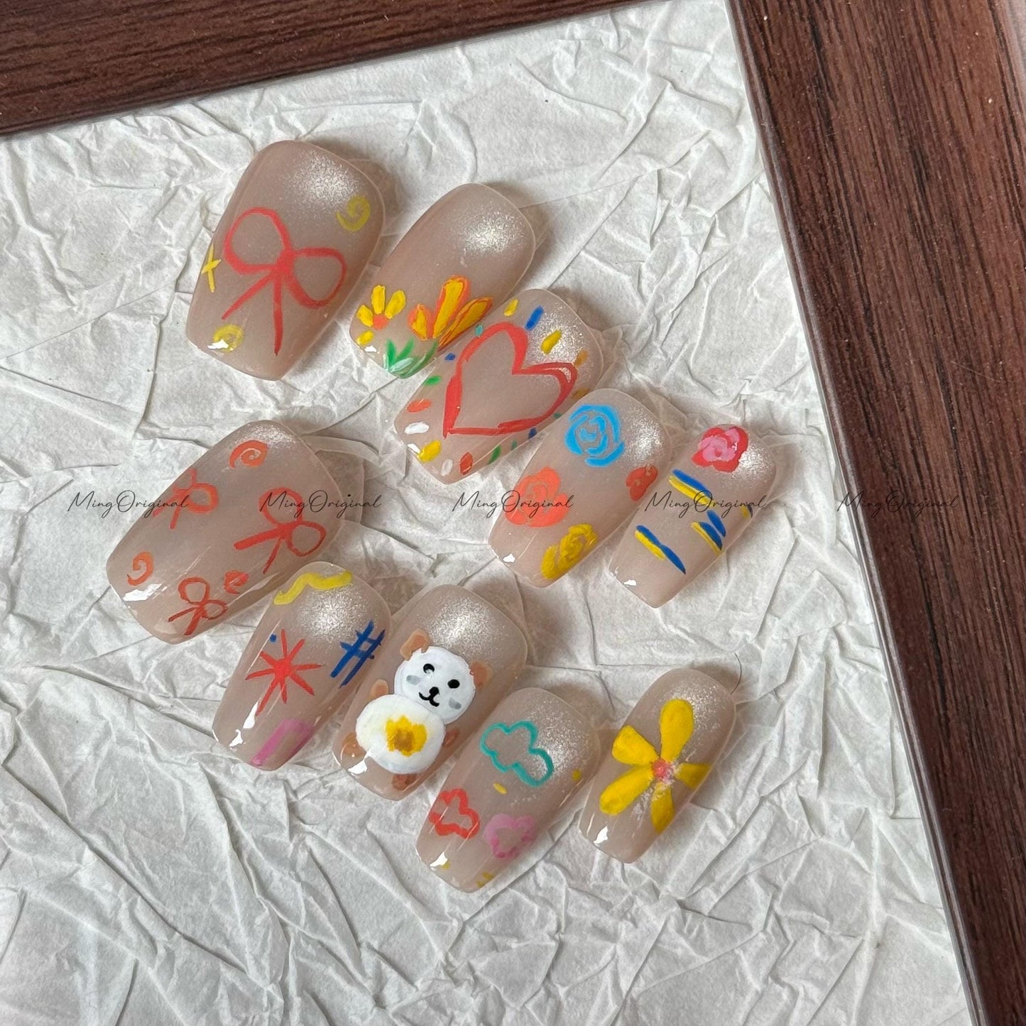 Crayon Whimsy Cute Bear Press on Nail,Heart, Bow, Scribble Art, Hand-drawn Nails, Colorful Doodle, Fun Playful Press Ons, gift for her,MO622