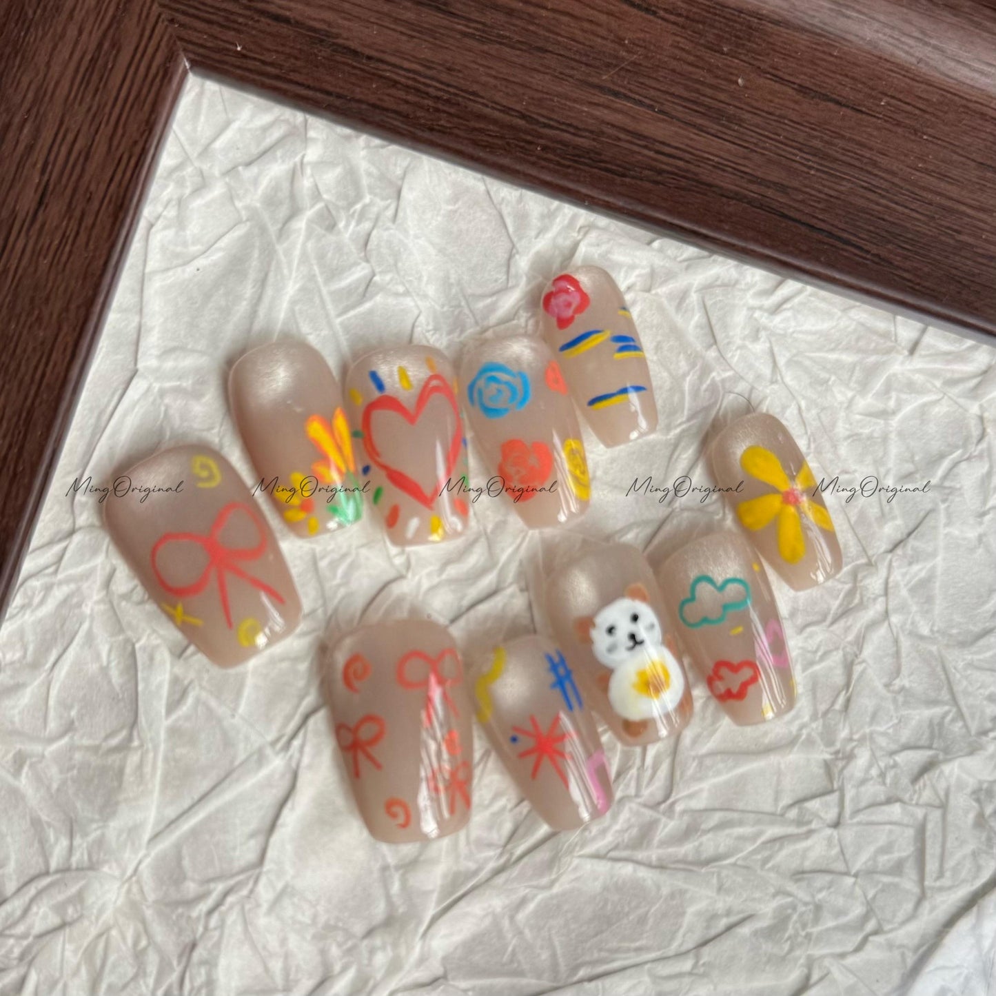 Crayon Whimsy Cute Bear Press on Nail,Heart, Bow, Scribble Art, Hand-drawn Nails, Colorful Doodle, Fun Playful Press Ons, gift for her,MO622