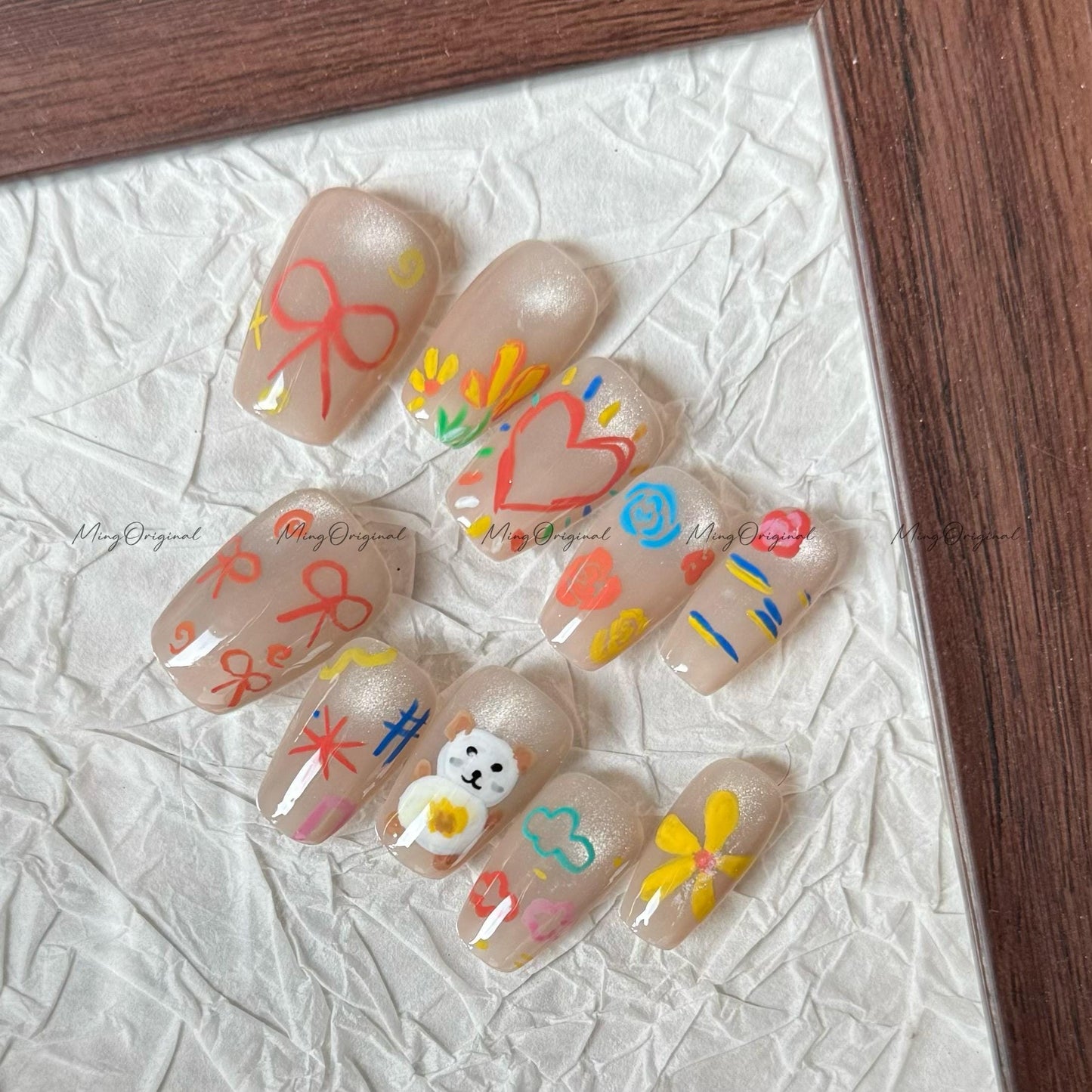 Crayon Whimsy Cute Bear Press on Nail,Heart, Bow, Scribble Art, Hand-drawn Nails, Colorful Doodle, Fun Playful Press Ons, gift for her,MO622