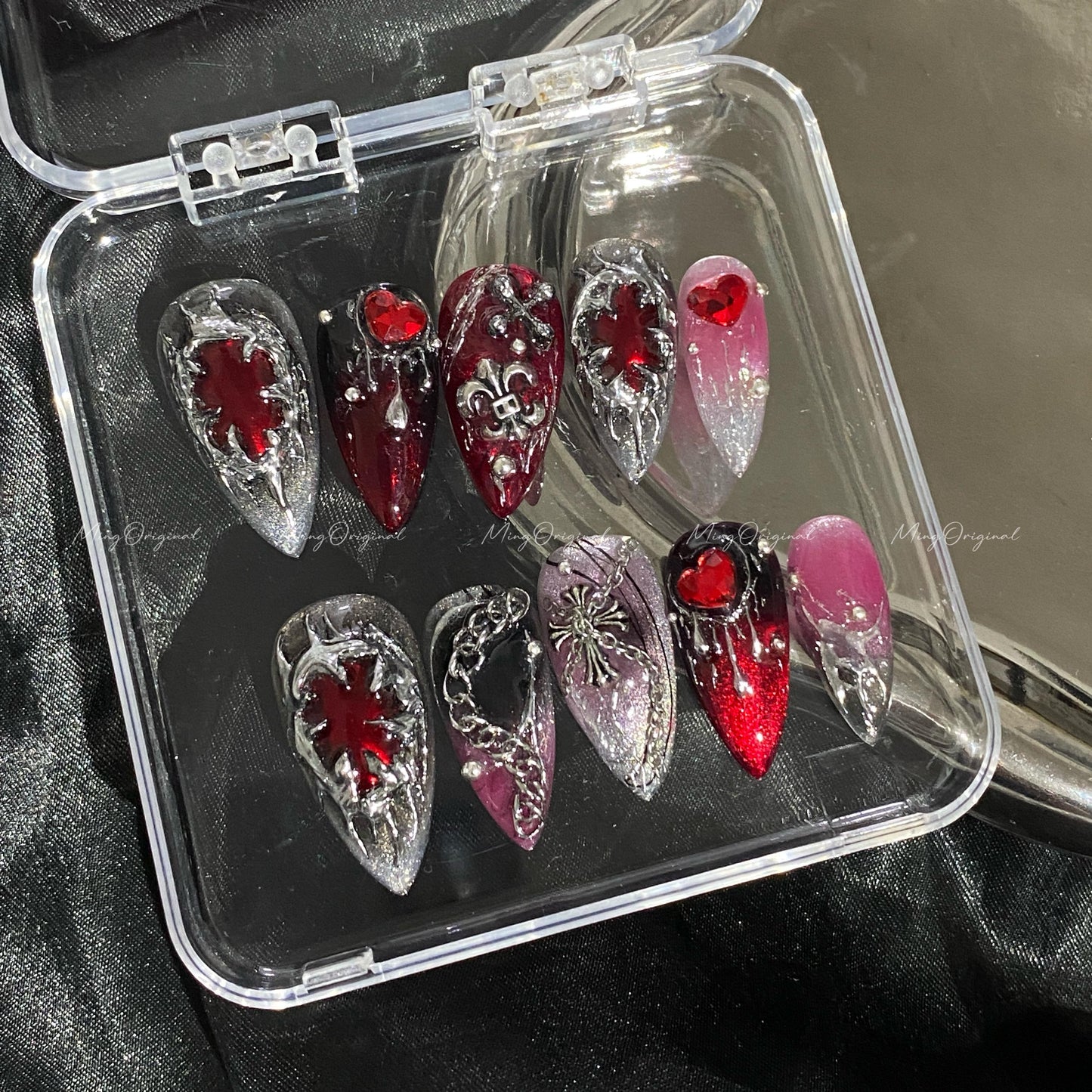 Mayhem Free style chrome mirror gothic Nail press on, red and black 3d Silver Metallic fake nail, holiday Halloween gift for her, MO610