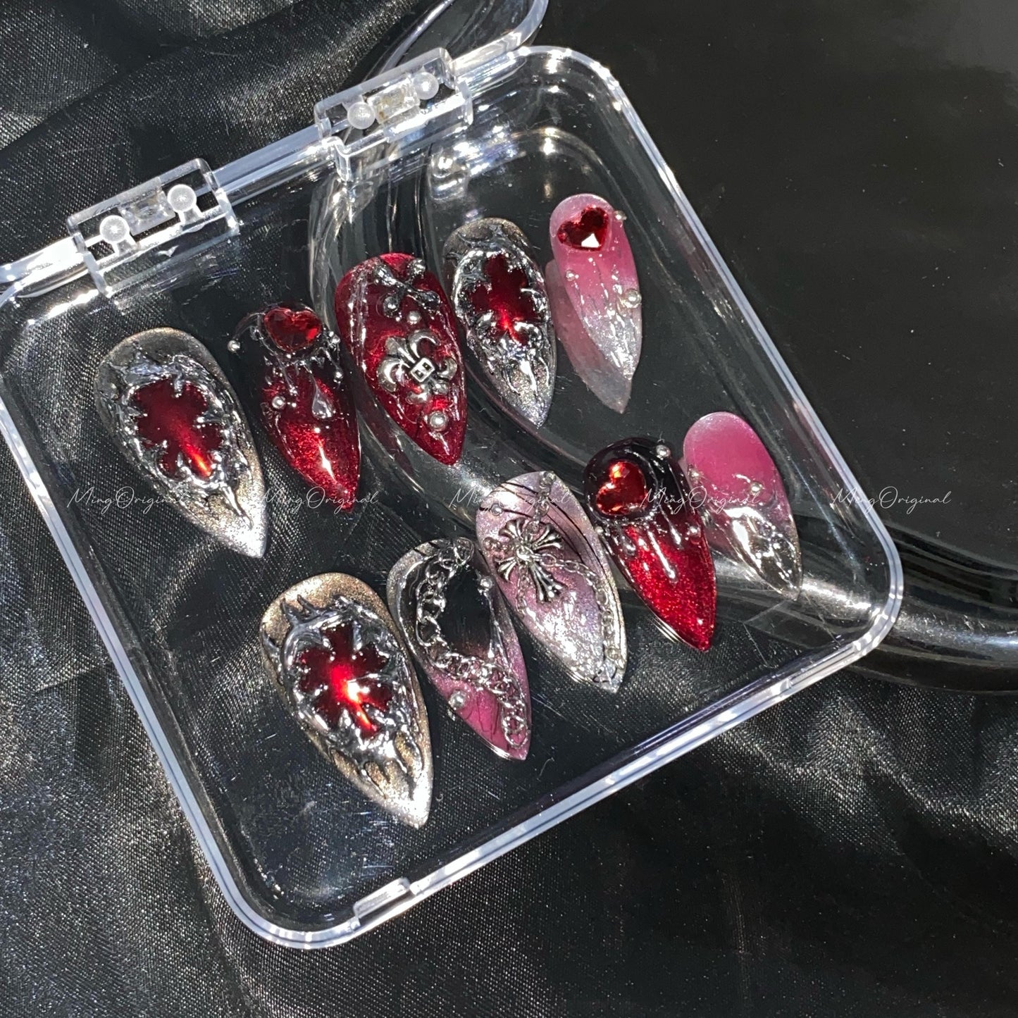 Mayhem Free style chrome mirror gothic Nail press on, red and black 3d Silver Metallic fake nail, holiday Halloween gift for her, MO610