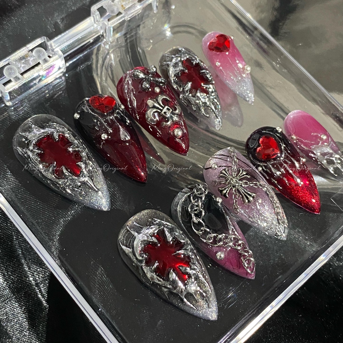 Mayhem Free style chrome mirror gothic Nail press on, red and black 3d Silver Metallic fake nail, holiday Halloween gift for her, MO610