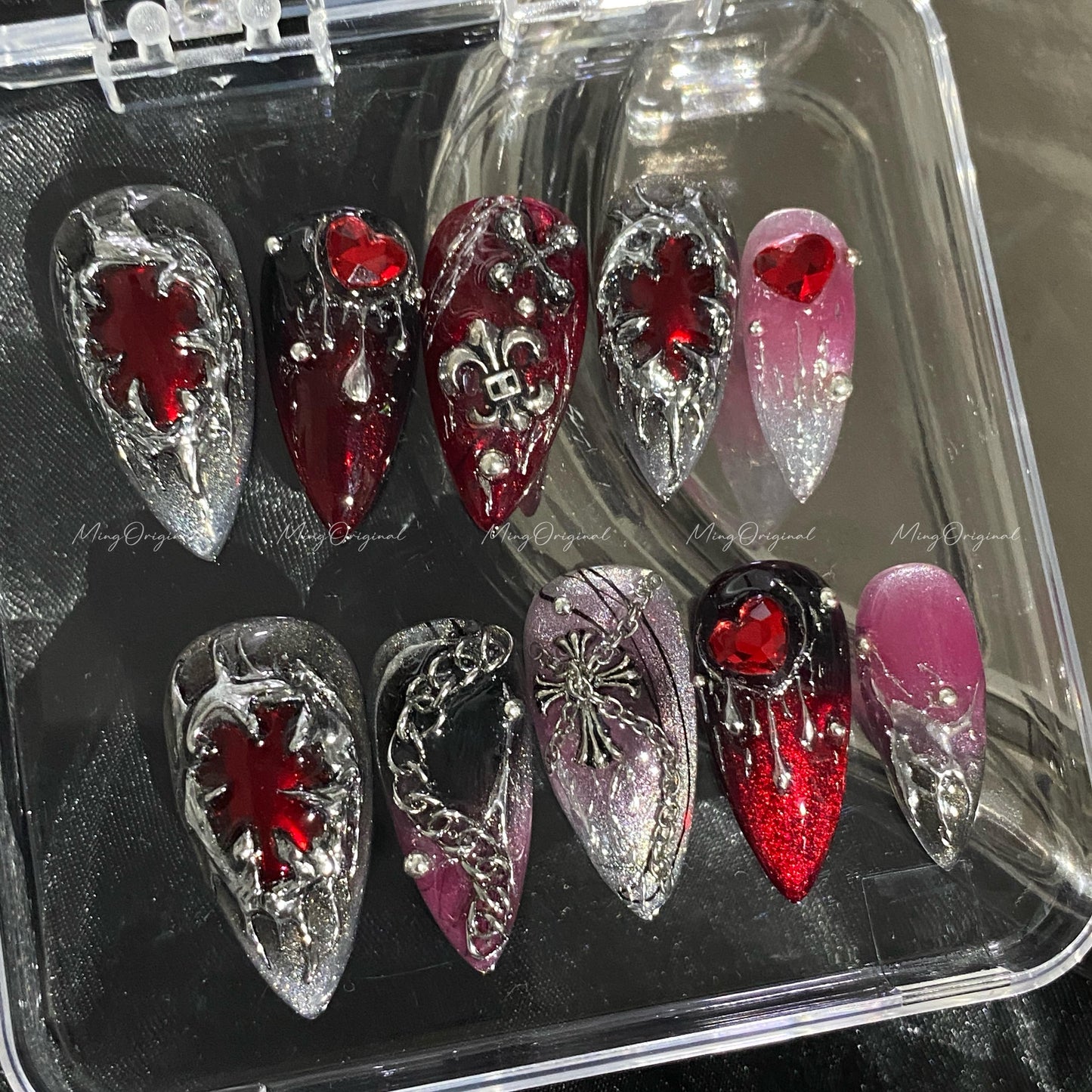Mayhem Free style chrome mirror gothic Nail press on, red and black 3d Silver Metallic fake nail, holiday Halloween gift for her, MO610