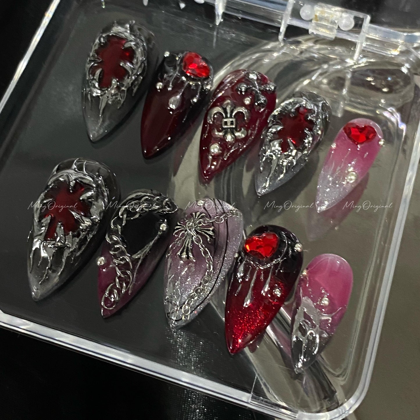 Mayhem Free style chrome mirror gothic Nail press on, red and black 3d Silver Metallic fake nail, holiday Halloween gift for her, MO610