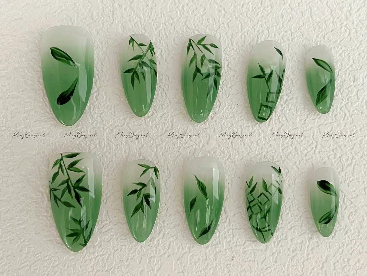 Premium reusable green bamboo and leaf autumn nail art handmade press on nail, fake nails, false nails, glue on nails, gel nail, jelly nail.