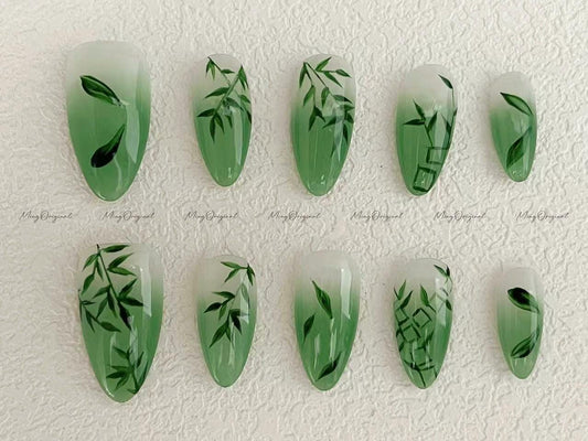Premium reusable green bamboo and leaf autumn nail art handmade press on nail, fake nails, false nails, glue on nails, gel nail, jelly nail.