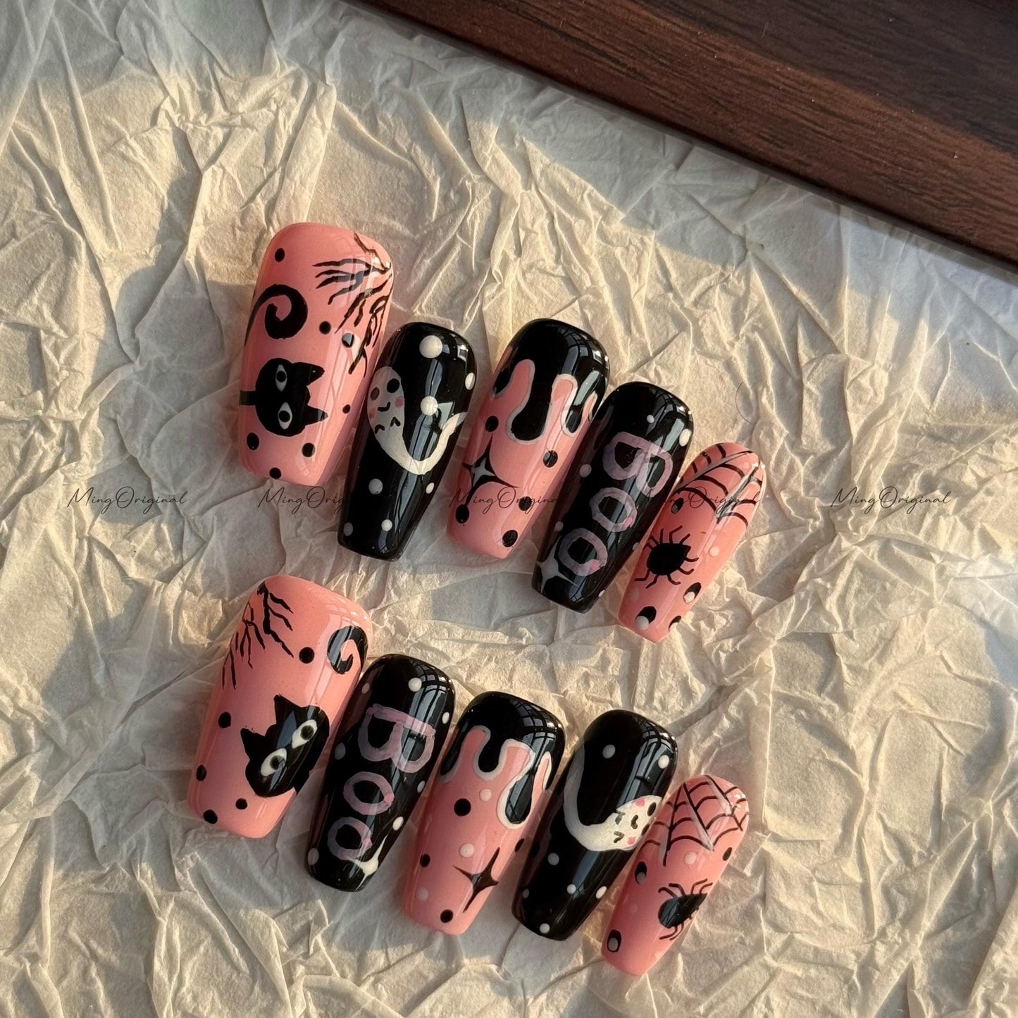 Spooky Cute Pink & Black Halloween Press on Nail, Boo Letter, Black Cat, Ghost Girl, Creepy Spooky Cute Press On,Holiday Gift for Her, MO625