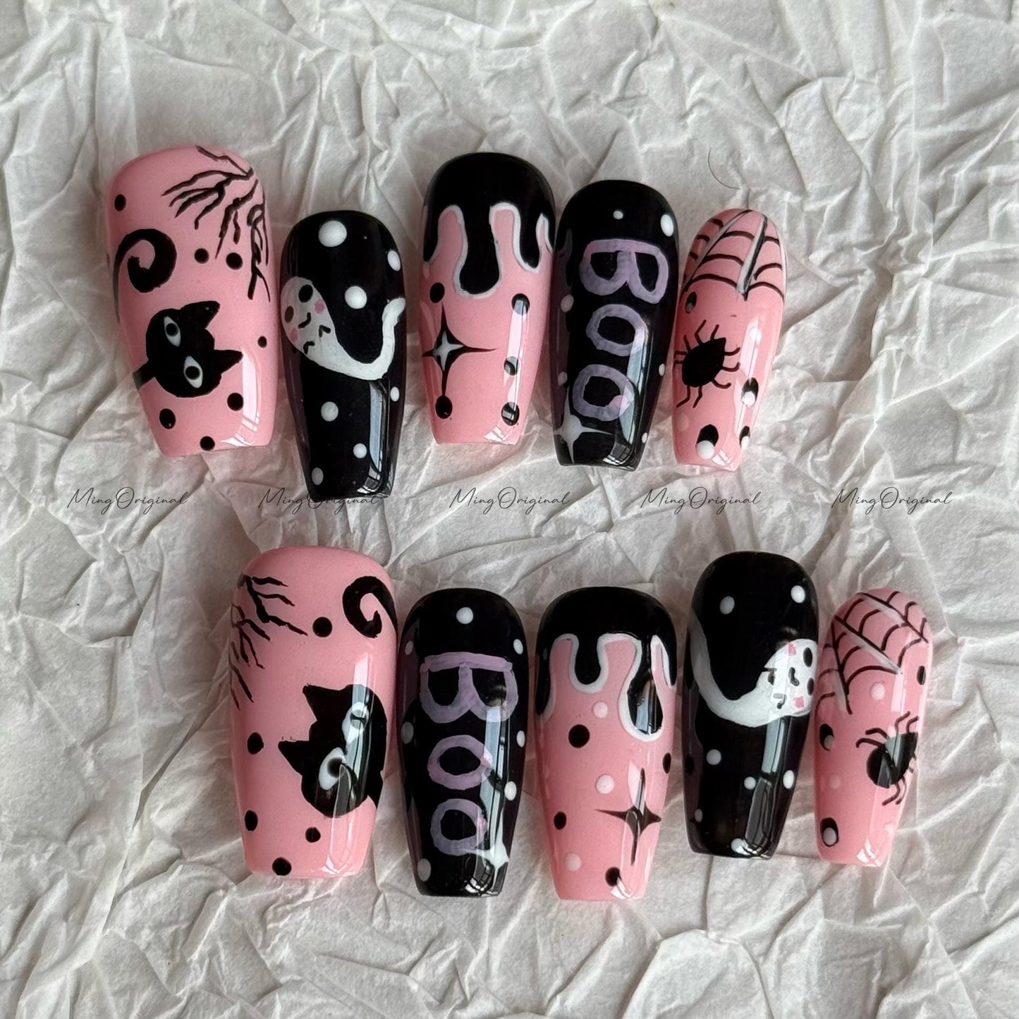 Spooky Cute Pink & Black Halloween Press on Nail, Boo Letter, Black Cat, Ghost Girl, Creepy Spooky Cute Press On,Holiday Gift for Her, MO625