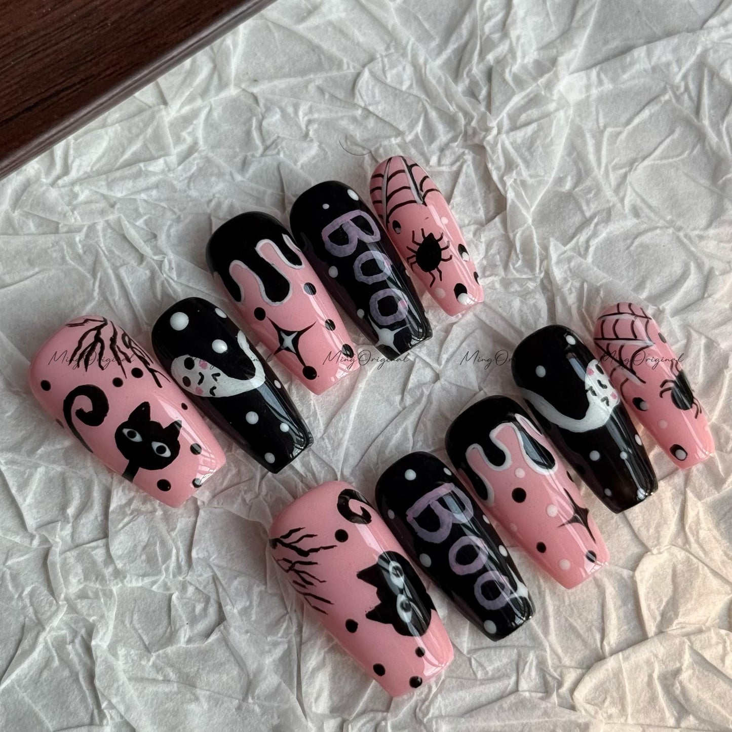 Spooky Cute Pink & Black Halloween Press on Nail, Boo Letter, Black Cat, Ghost Girl, Creepy Spooky Cute Press On,Holiday Gift for Her, MO625