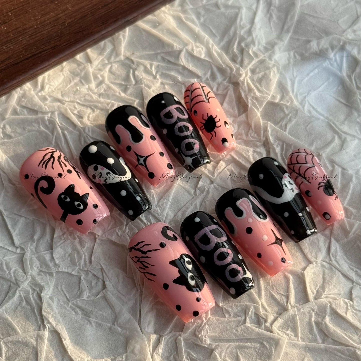 Spooky Cute Pink & Black Halloween Press on Nail, Boo Letter, Black Cat, Ghost Girl, Creepy Spooky Cute Press On,Holiday Gift for Her, MO625