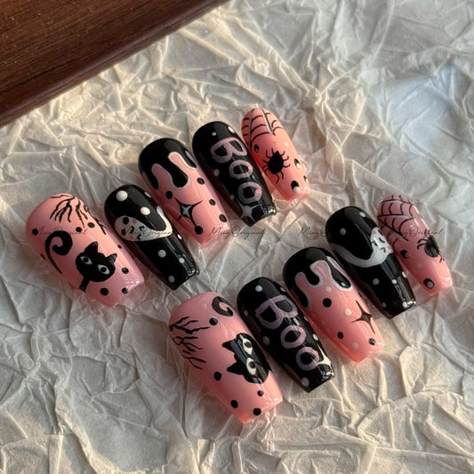Spooky Cute Pink & Black Halloween Press on Nail, Boo Letter, Black Cat, Ghost Girl, Creepy Spooky Cute Press On,Holiday Gift for Her, MO625
