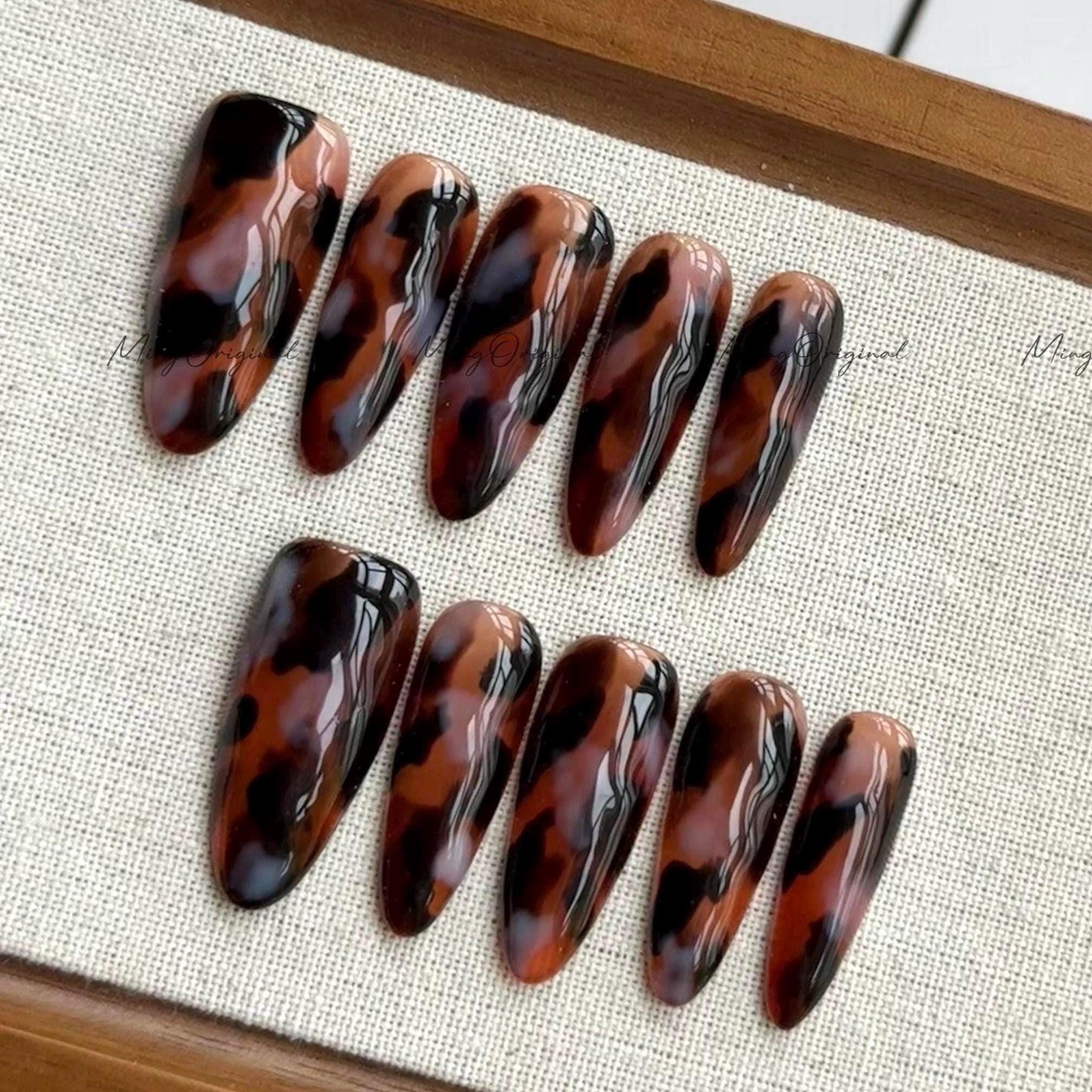 Classy Tortoise Shell Amber Black White Brown Water Blooming Press on Nails, Jelly hand painted nail, fall winter nail, gift for her, MO611