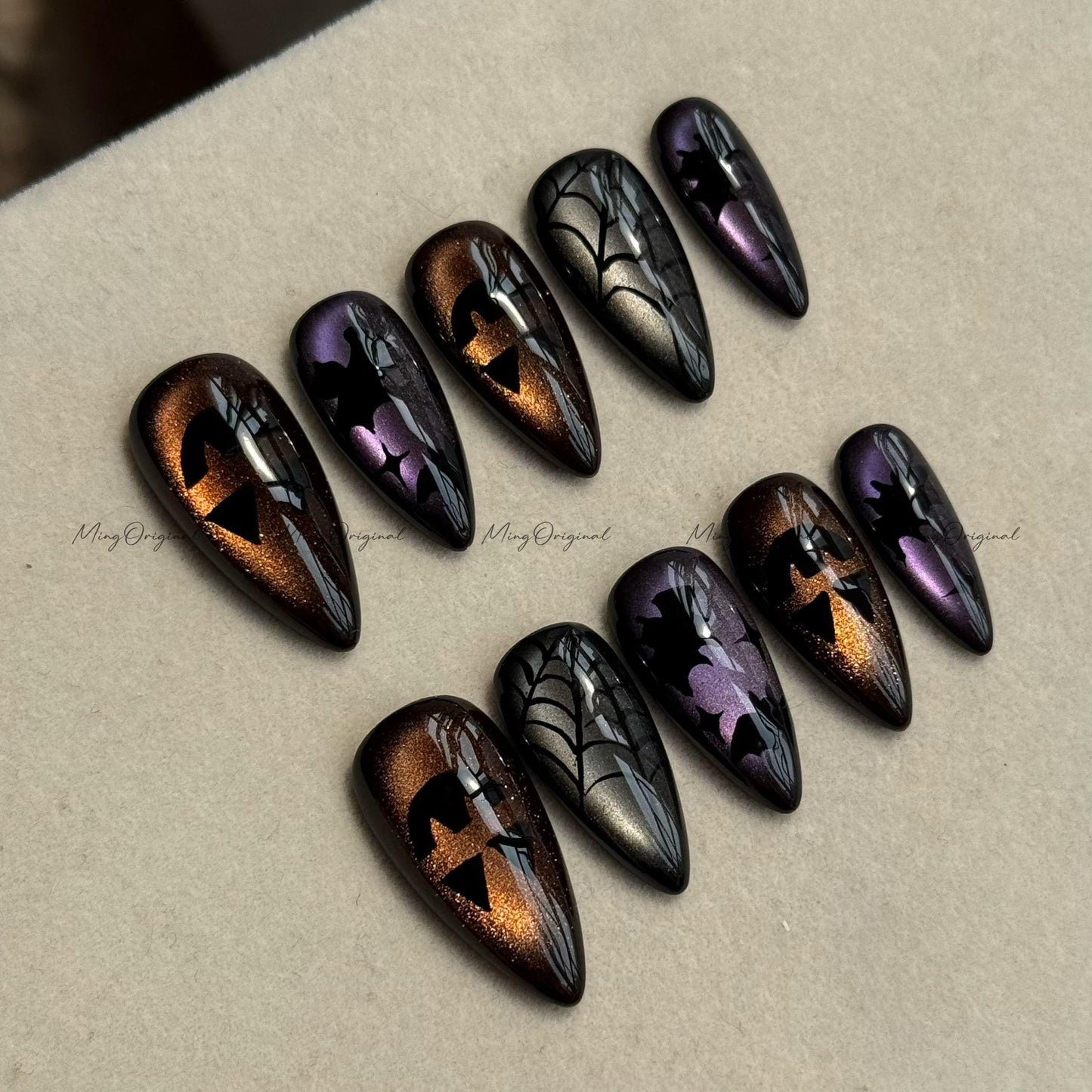 Halloween vibe press on nails, joker bat spider theme black cat eye base, pumpkin color spooky season sparkling Gothic nail art, MO626