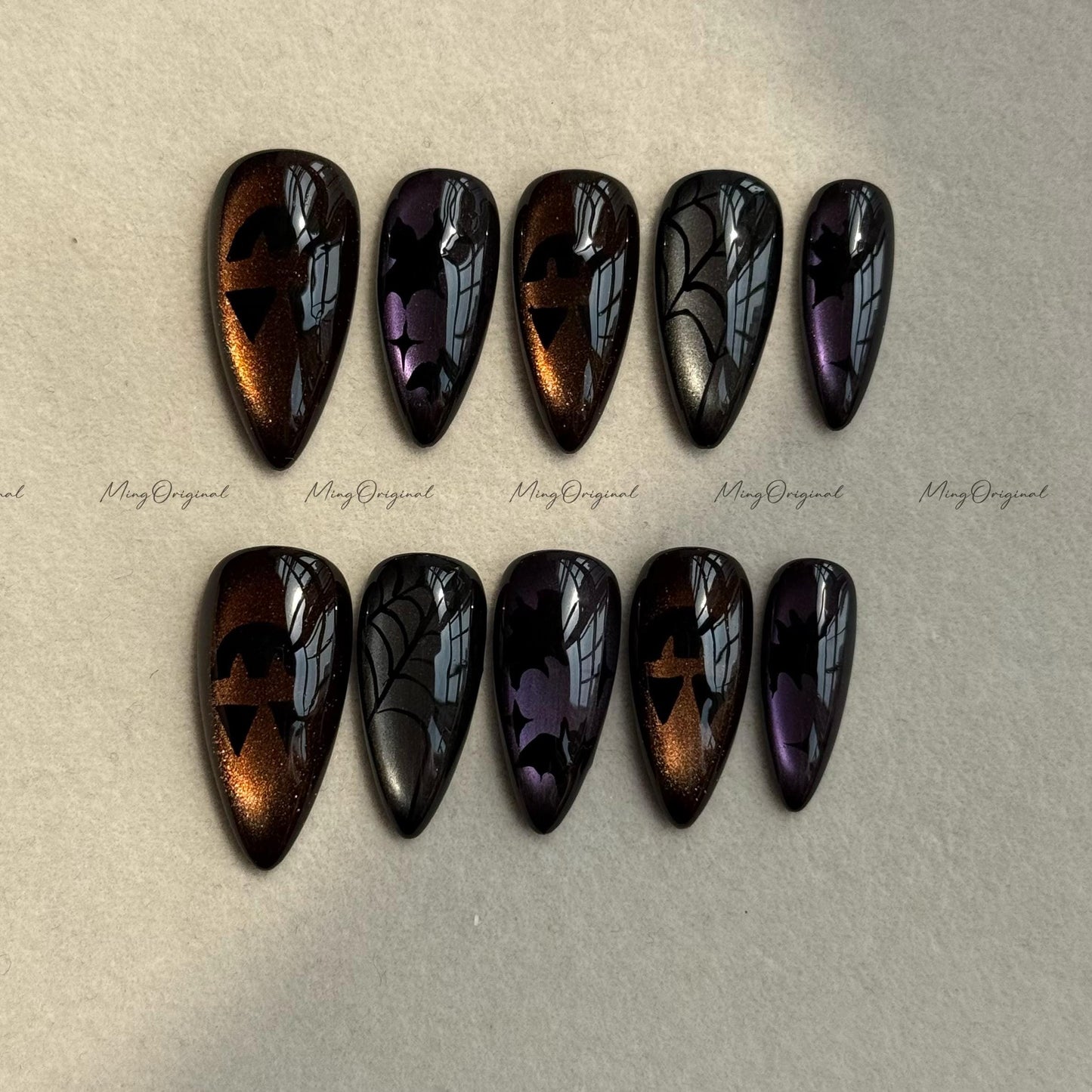 Halloween vibe press on nails, joker bat spider theme black cat eye base, pumpkin color spooky season sparkling Gothic nail art, MO626