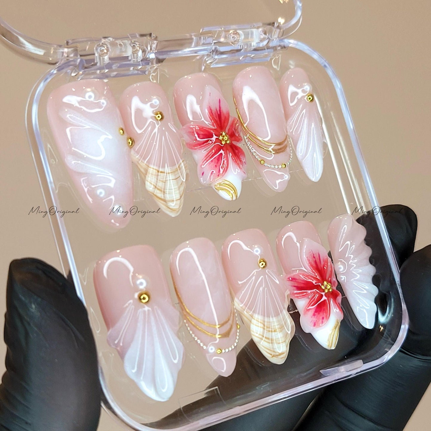 Pink Lily Bloom Press On Nails, 3D Flowers & Paste Gradient Beachy Mermaid Vibes, Bejeweled nail design, Handmade gift for her, MO612
