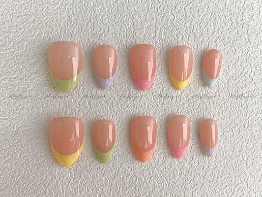 Macarons color French tip, hand painted candy color premium Press on Nails, summer nail, holiday birthday gift for her, MO628