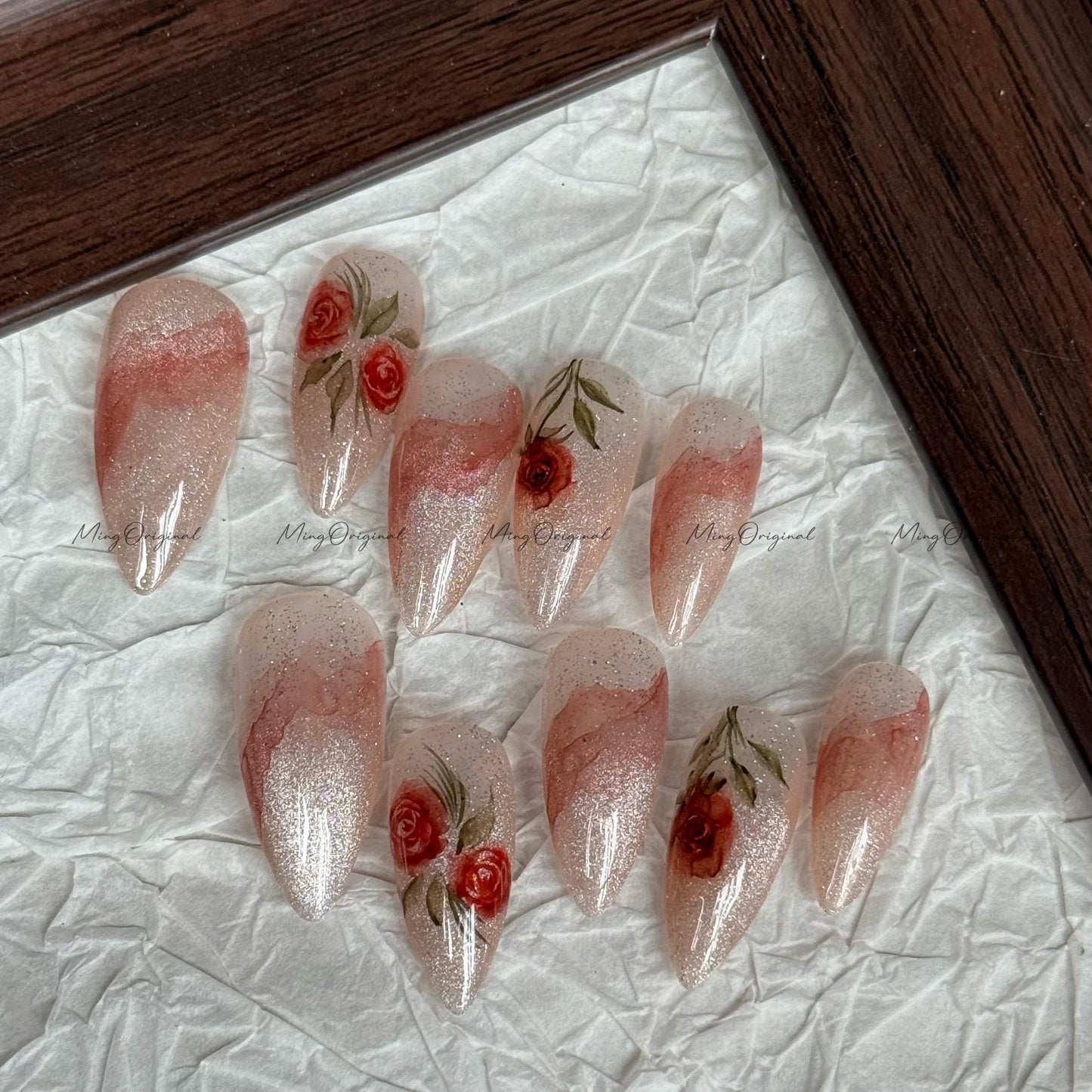 Water color Red Rose Flower art nail, glittery nude cat eye Press on Nail,Handmade gel Nails, hand painted wedding bridal floral nail, MO630