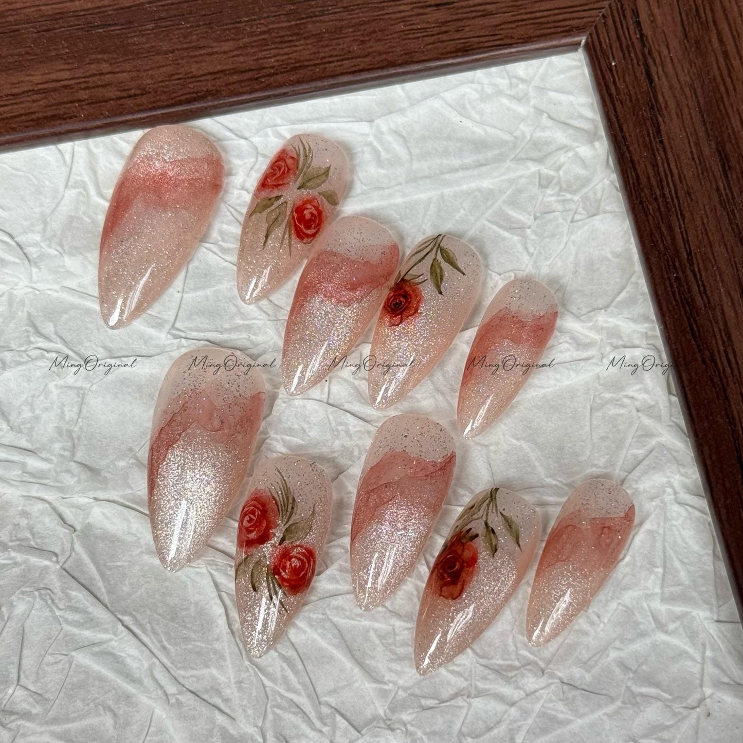 Water color Red Rose Flower art nail, glittery nude cat eye Press on Nail,Handmade gel Nails, hand painted wedding bridal floral nail, MO630