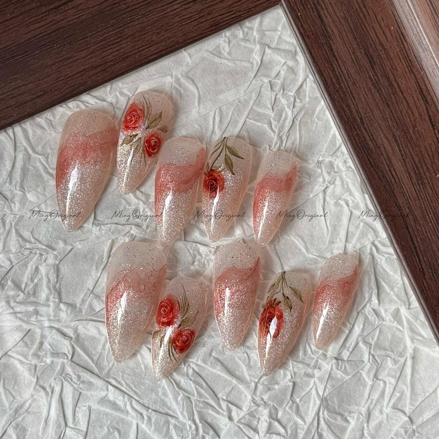 Water color Red Rose Flower art nail, glittery nude cat eye Press on Nail,Handmade gel Nails, hand painted wedding bridal floral nail, MO630