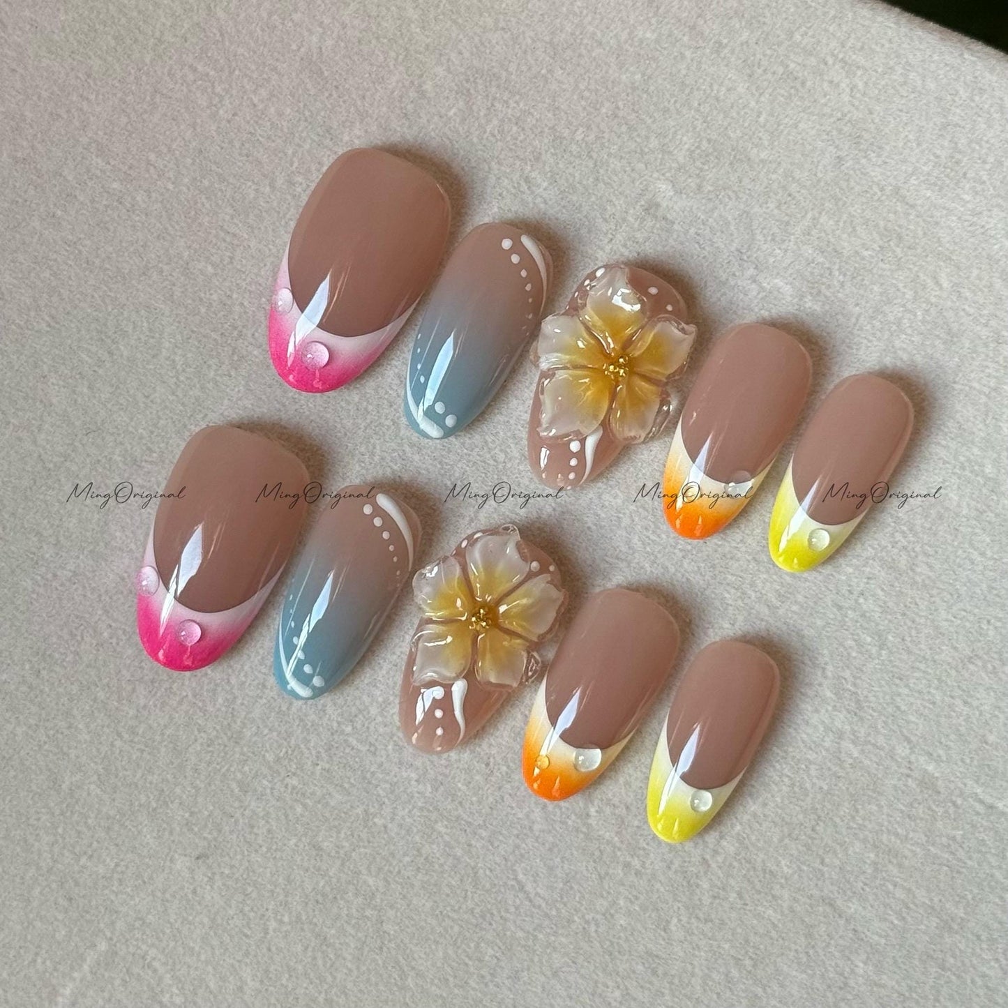 Aloha Blossom Rainbow Color Gradient French, 3D Yellow Flower, Vacation-Inspired Nails, yellow blue pink orange, gift for her, MO631