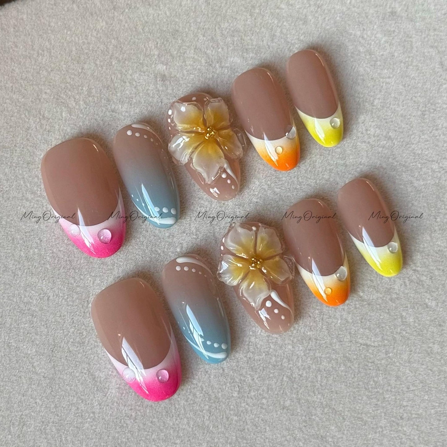 Aloha Blossom Rainbow Color Gradient French, 3D Yellow Flower, Vacation-Inspired Nails, yellow blue pink orange, gift for her, MO631