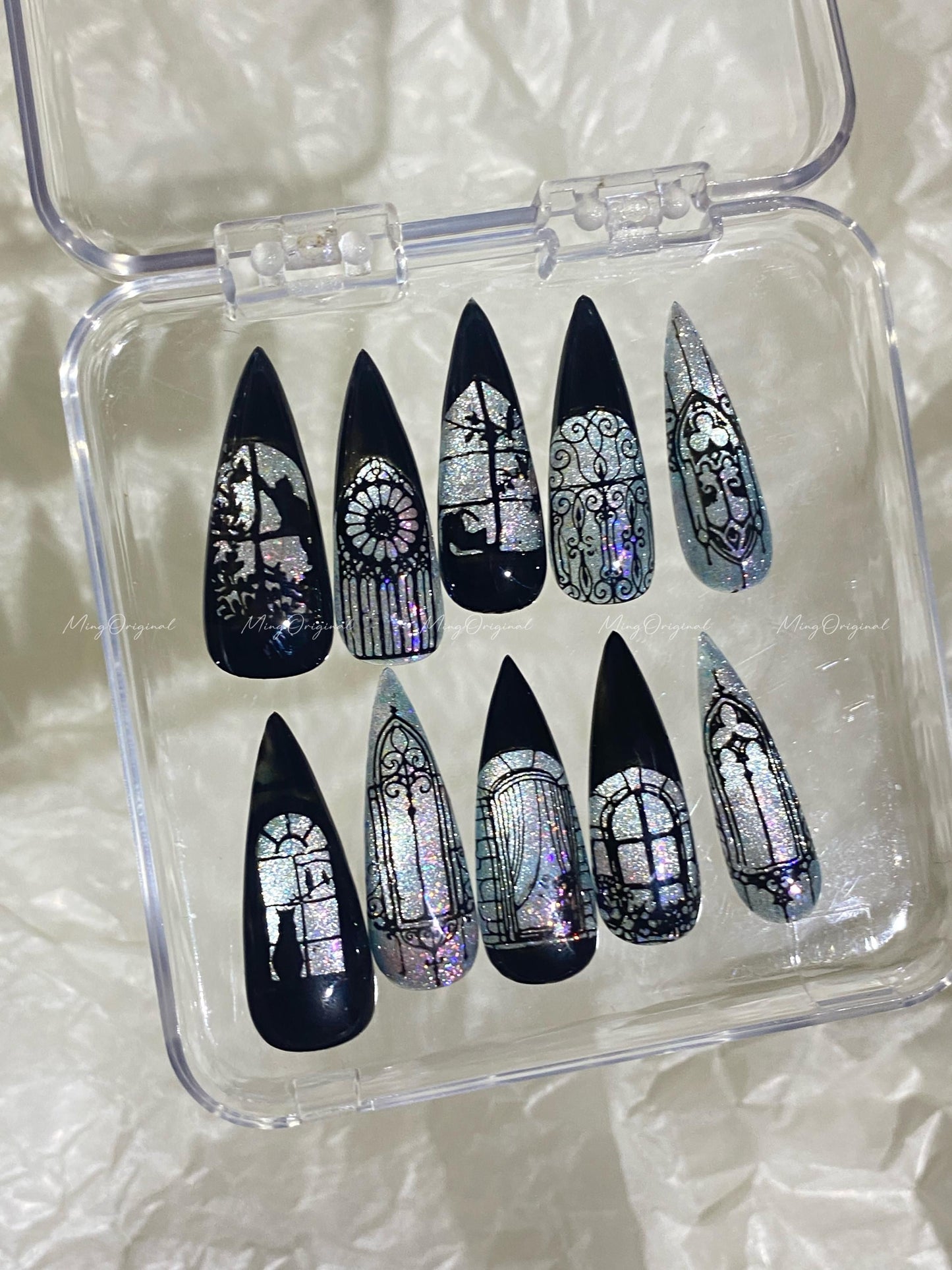 Black Stained Glass Window Glittery press on nails, Sparkling Cat Eye, Retro Shadow hand painted nail, gift for her, MO632