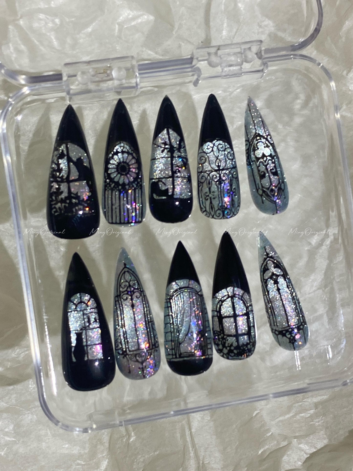 Black Stained Glass Window Glittery press on nails, Sparkling Cat Eye, Retro Shadow hand painted nail, gift for her, MO632