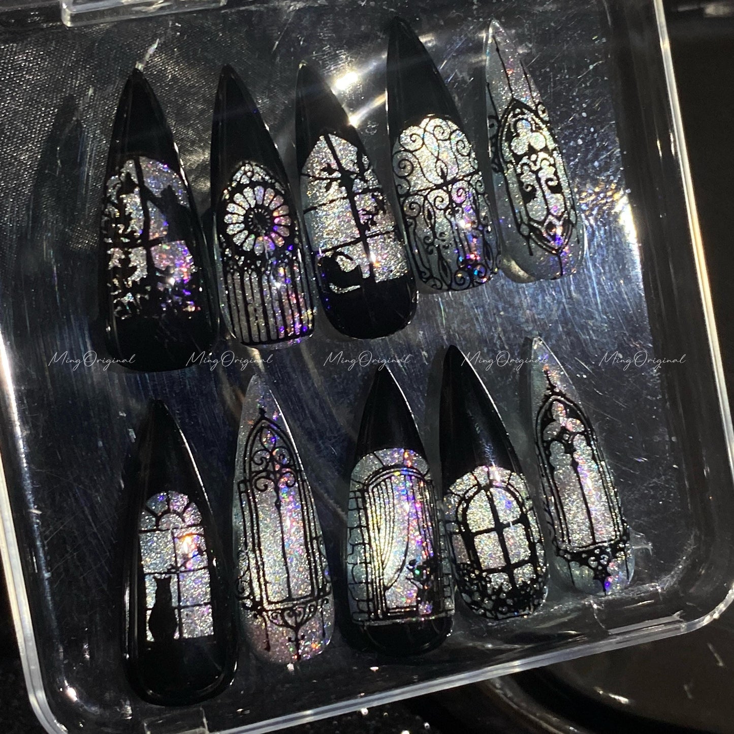Black Stained Glass Window Glittery press on nails, Sparkling Cat Eye, Retro Shadow hand painted nail, gift for her, MO632