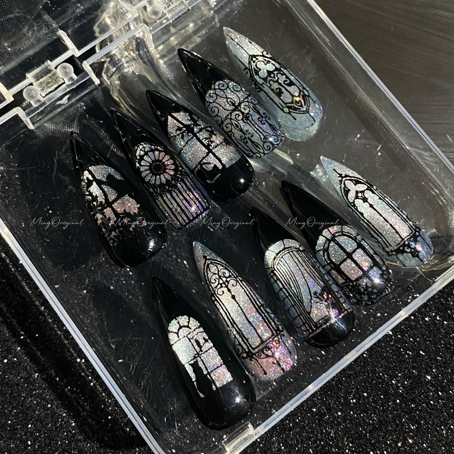Black Stained Glass Window Glittery press on nails, Sparkling Cat Eye, Retro Shadow hand painted nail, gift for her, MO632