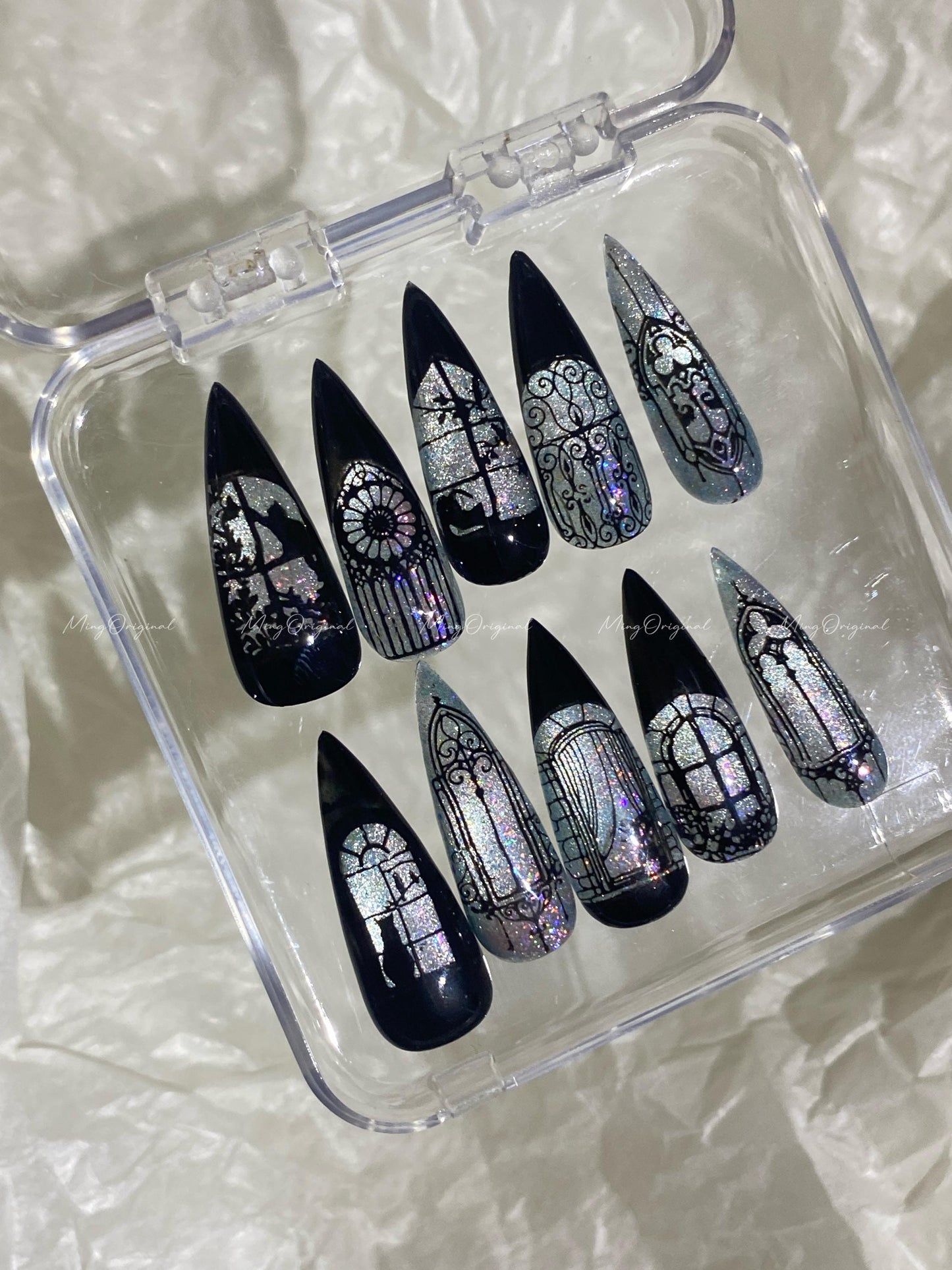 Black Stained Glass Window Glittery press on nails, Sparkling Cat Eye, Retro Shadow hand painted nail, gift for her, MO632