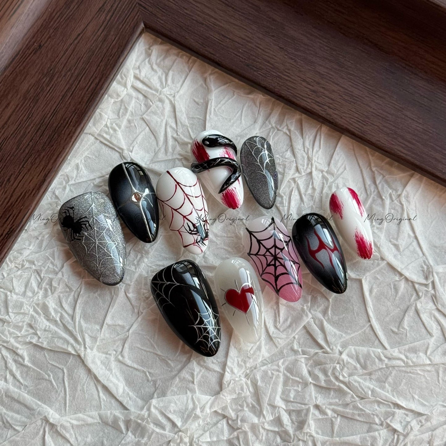Halloween Spooky Spider Web and 3d snake Gothic press on nail, black cat eye nails,hand painted y2k bloody nail, fake nail, black nail,MO633