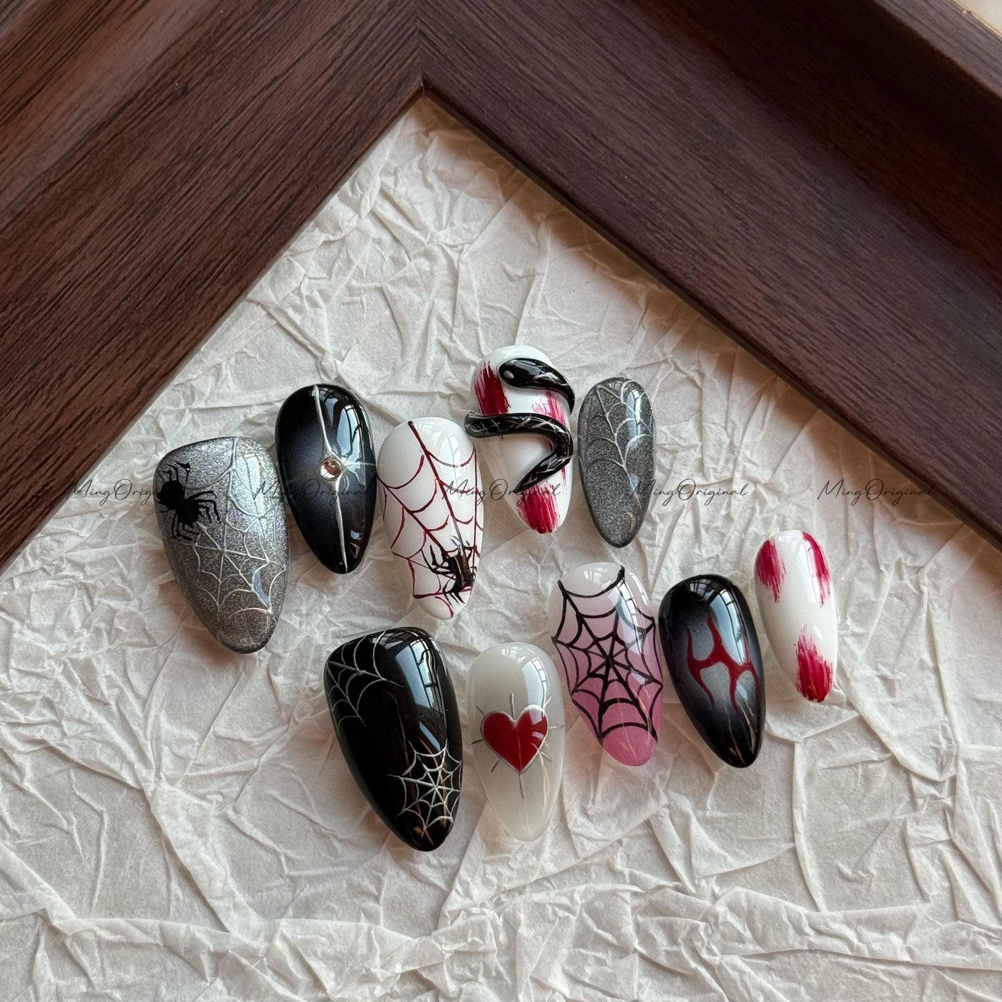 Halloween Spooky Spider Web and 3d snake Gothic press on nail, black cat eye nails,hand painted y2k bloody nail, fake nail, black nail,MO633
