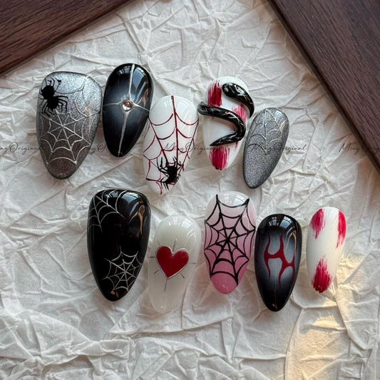 Halloween Spooky Spider Web and 3d snake Gothic press on nail, black cat eye nails,hand painted y2k bloody nail, fake nail, black nail,MO633