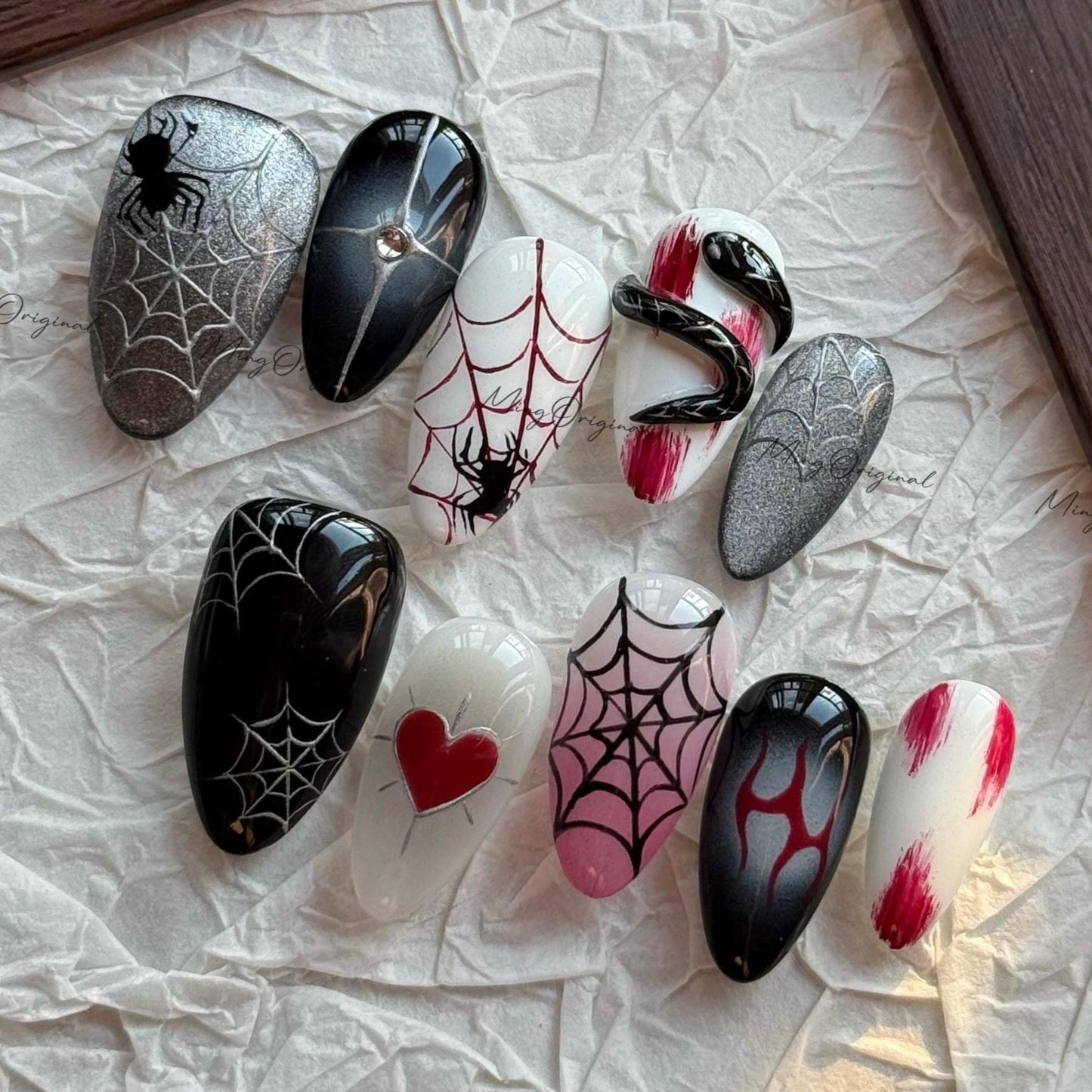 Halloween Spooky Spider Web and 3d snake Gothic press on nail, black cat eye nails,hand painted y2k bloody nail, fake nail, black nail,MO633