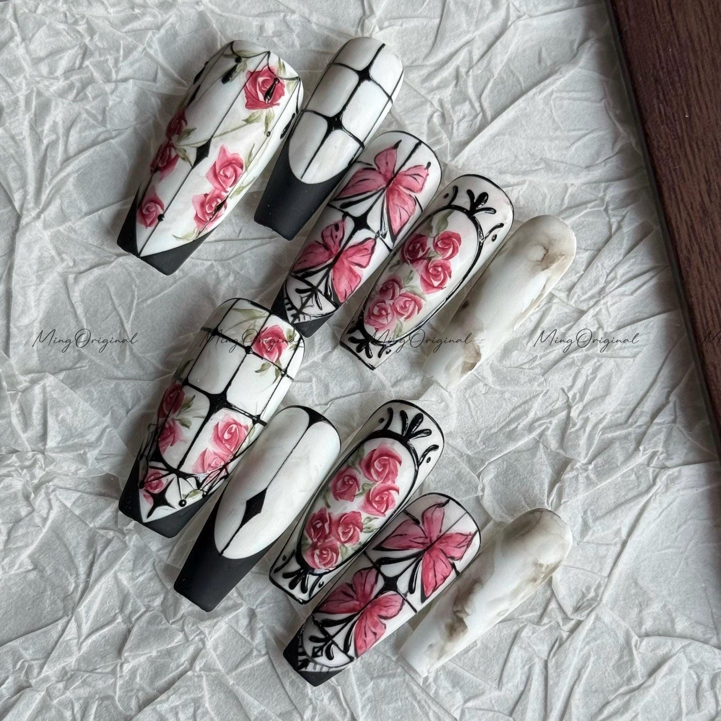 Rose Garden Red Rose Flower Butterfly Water Color art nail, window frame Press on Nail, hand painted wedding bridal floral nail, MO637