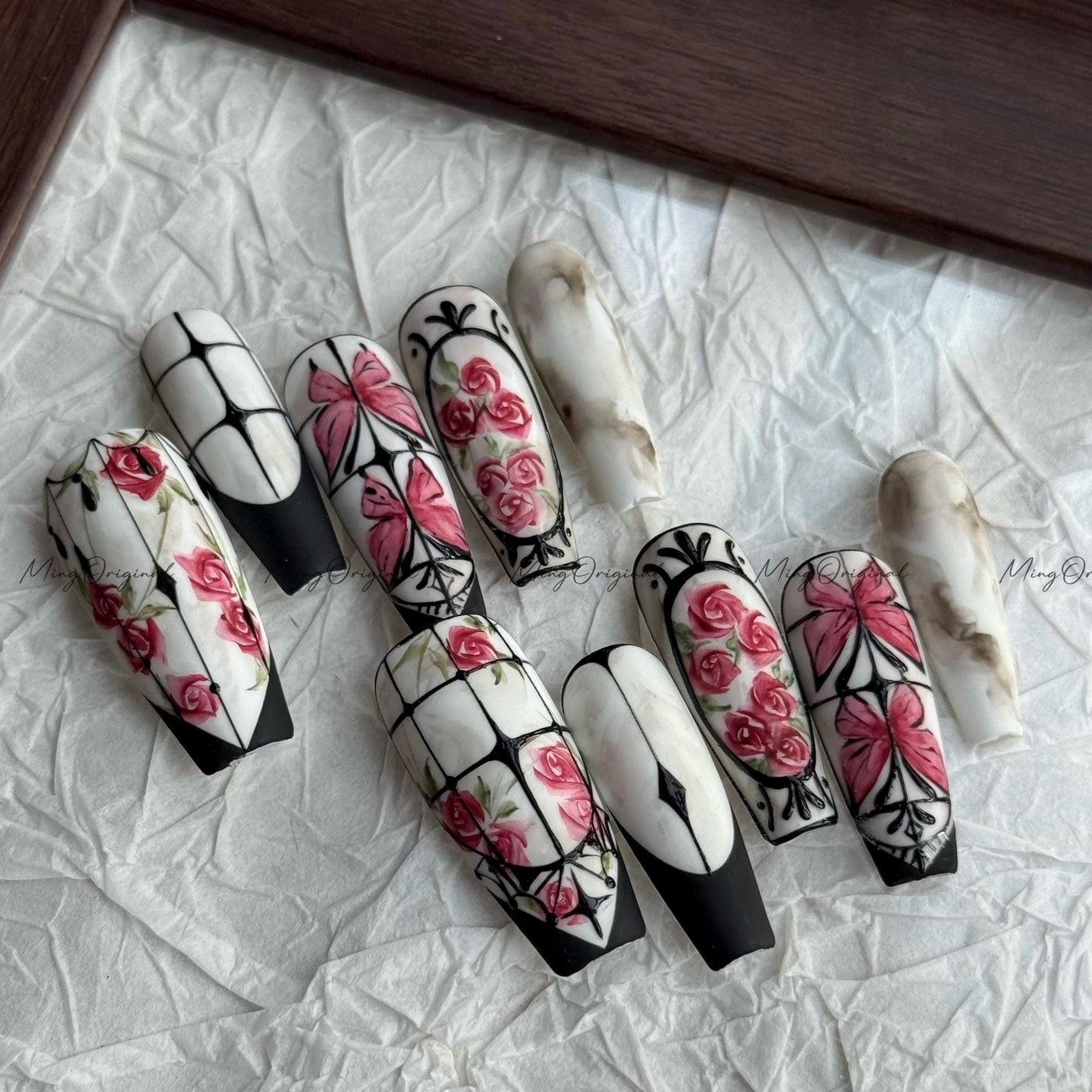 Rose Garden Red Rose Flower Butterfly Water Color art nail, window frame Press on Nail, hand painted wedding bridal floral nail, MO637