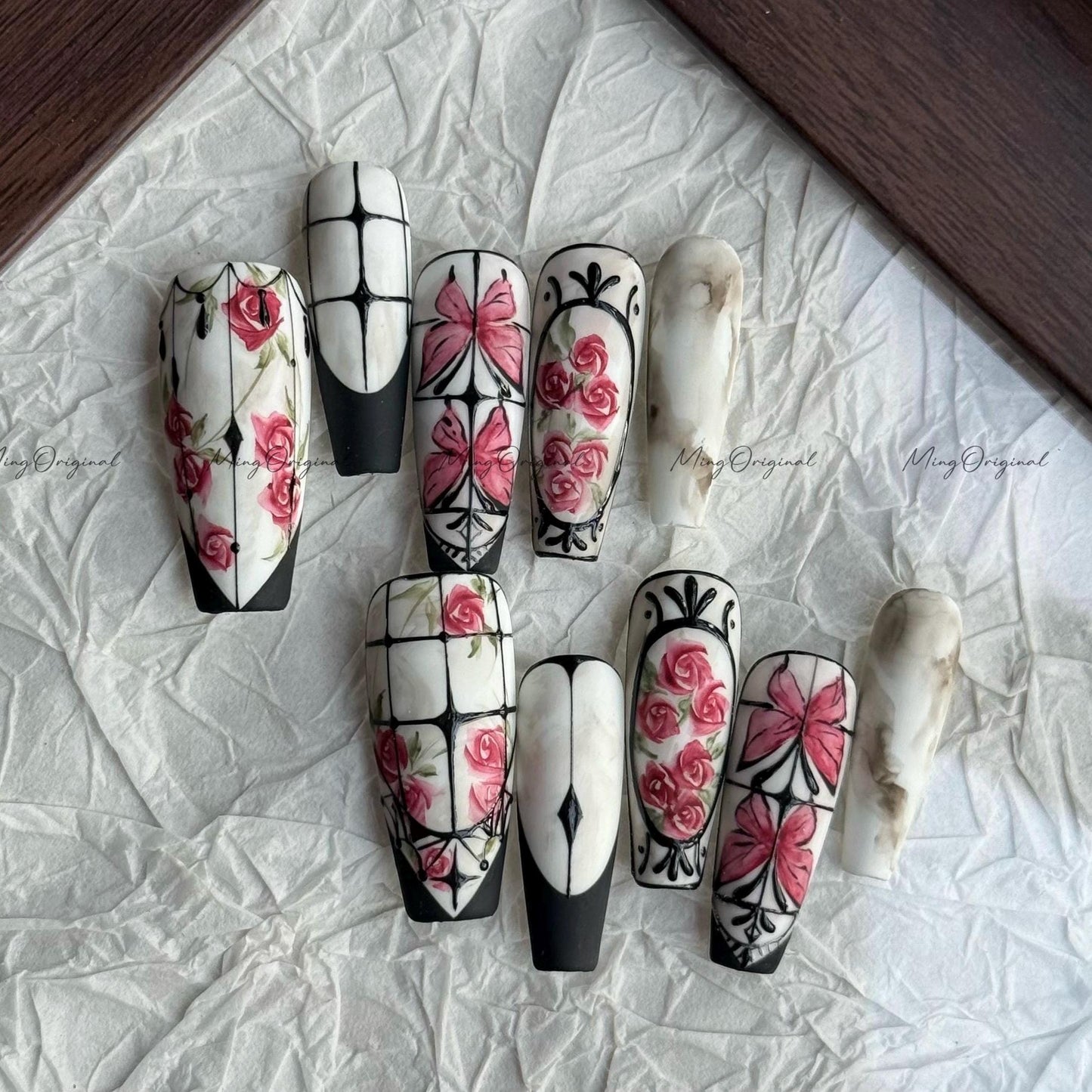 Rose Garden Red Rose Flower Butterfly Water Color art nail, window frame Press on Nail, hand painted wedding bridal floral nail, MO637