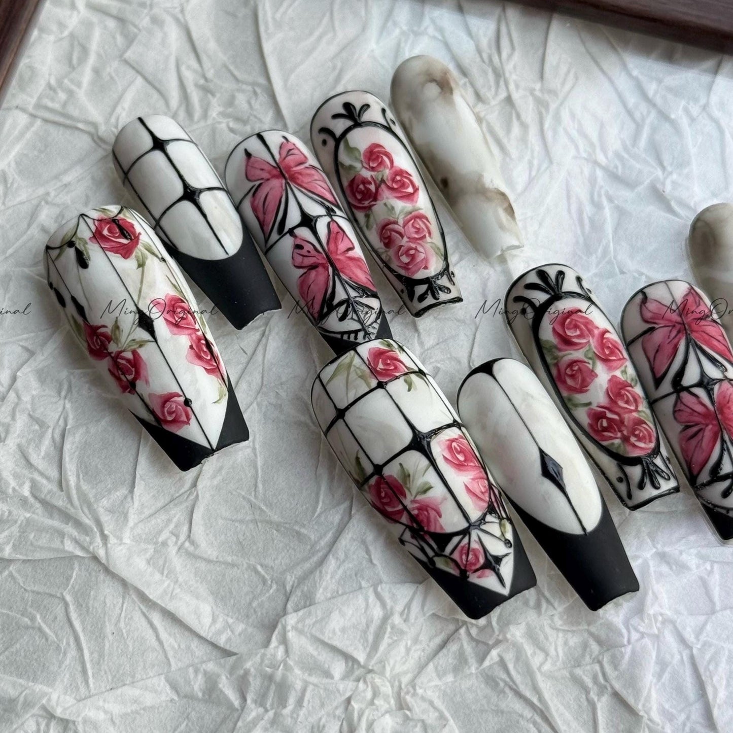 Rose Garden Red Rose Flower Butterfly Water Color art nail, window frame Press on Nail, hand painted wedding bridal floral nail, MO637
