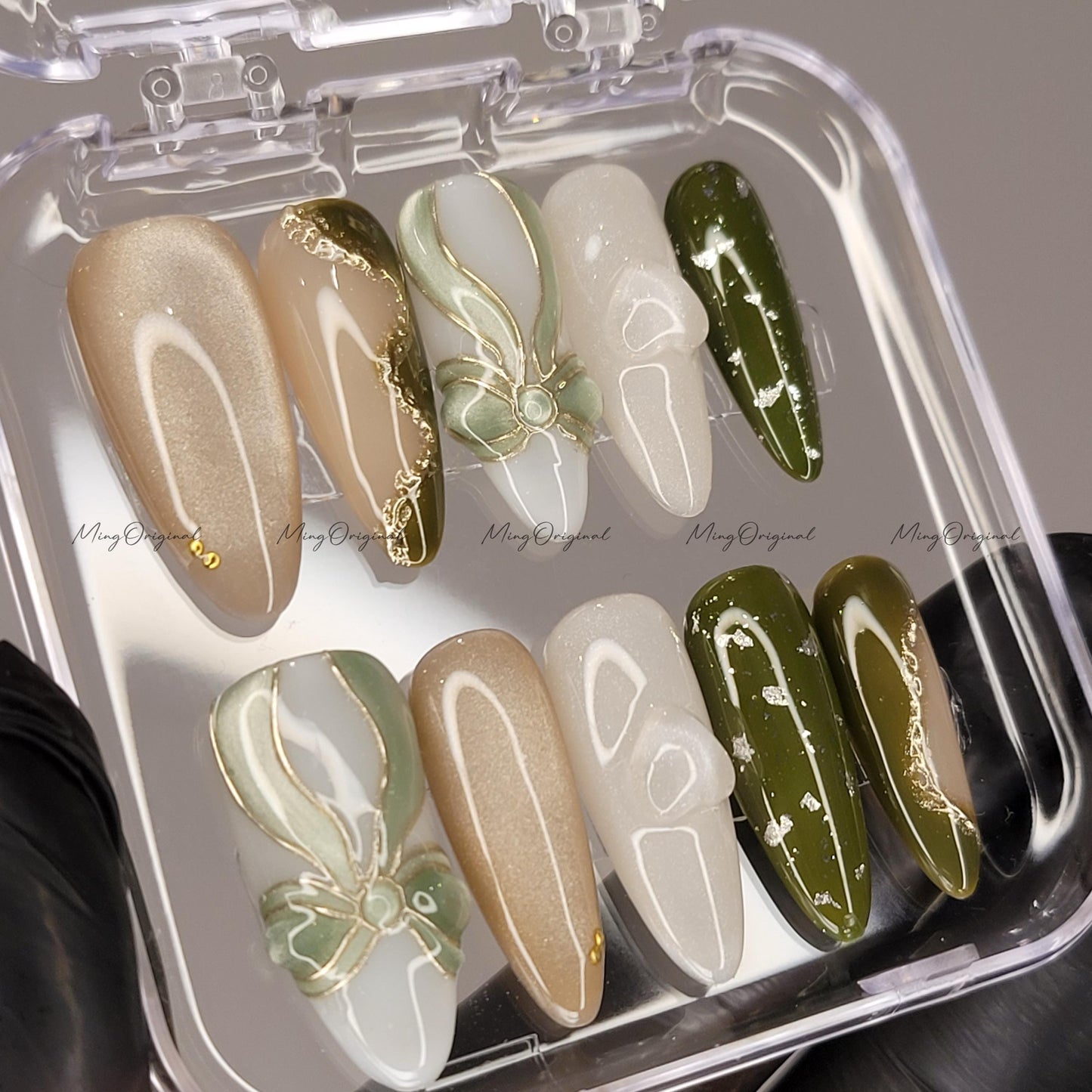 Olive Opera Sage green press on nails, champagne cat eye ribbon, metallic and green abstract swirl, 3d layered cat eye, vintage glam,MO614